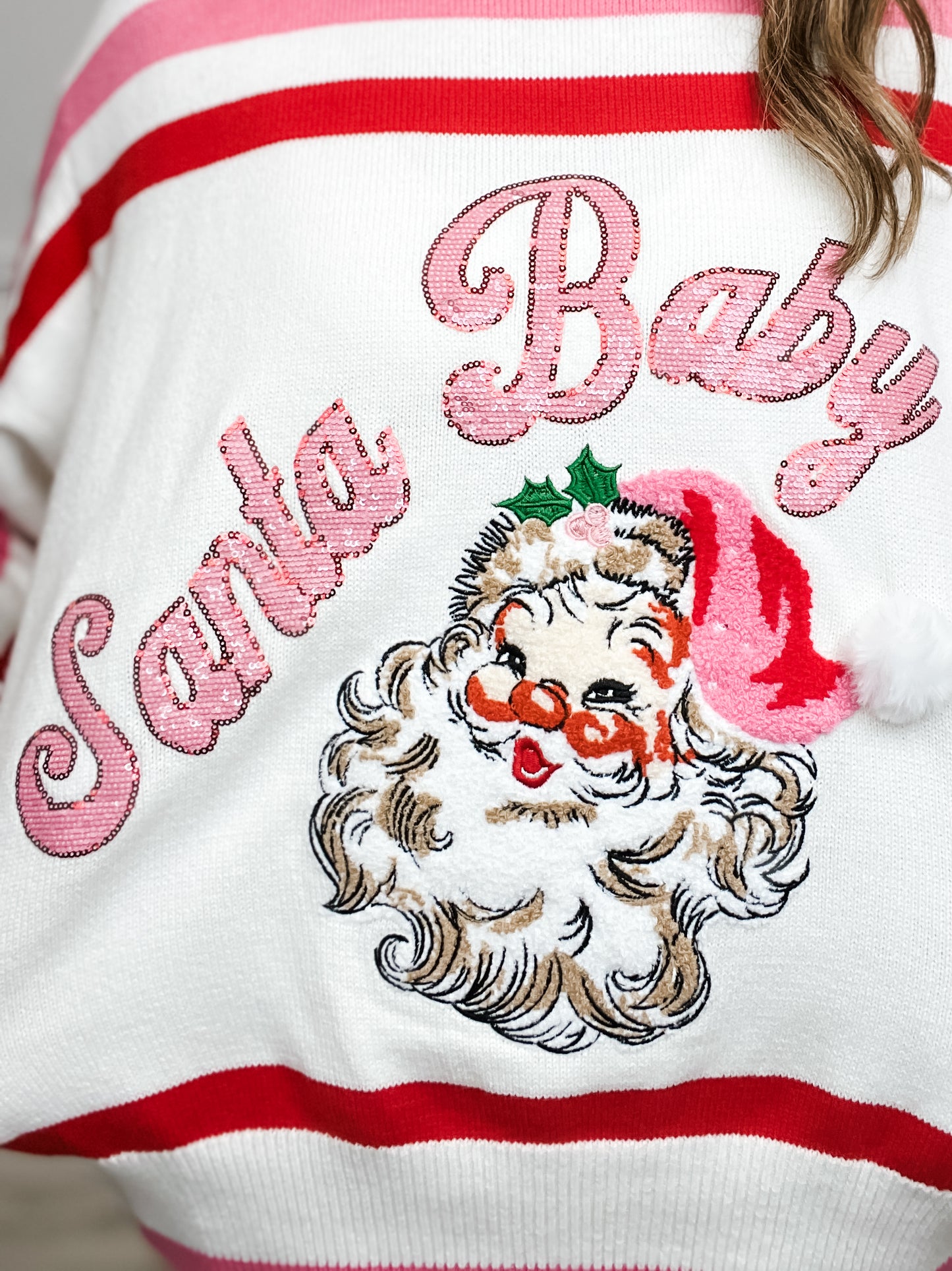 Queen of Sparkles Red, Pink, & White Stripe Santa Baby Fuzzy Santa Sweater