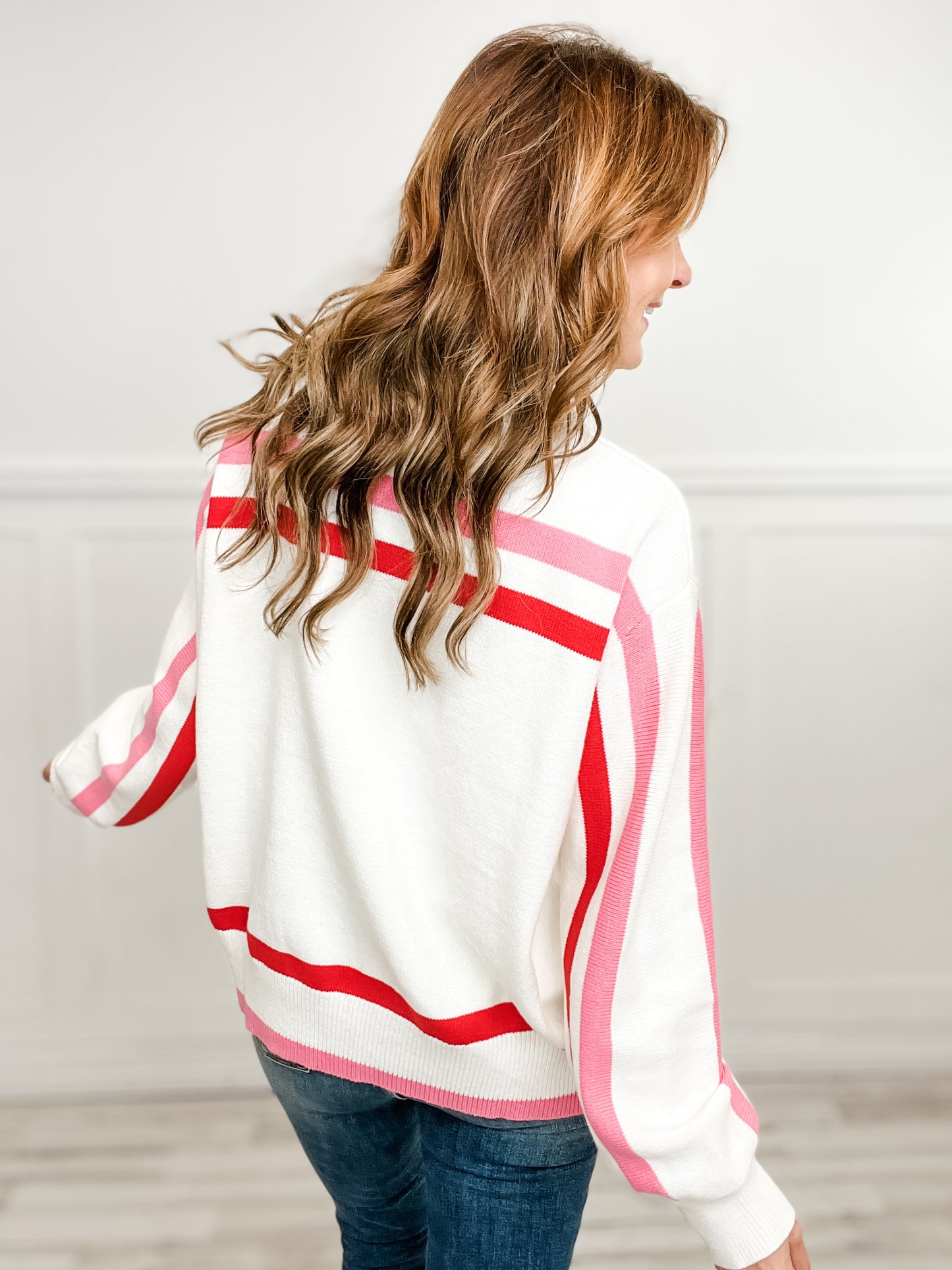 Queen of Sparkles Red, Pink, & White Stripe Santa Baby Fuzzy Santa Sweater