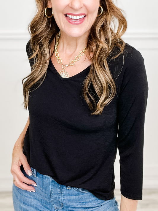 Signature Classic Poly Blend V-Neck Top with 3/4" Sleeves