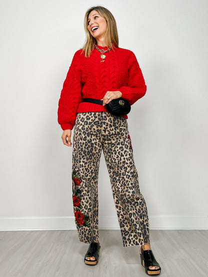 Leopard Barrel Leg Embroidered Jean
