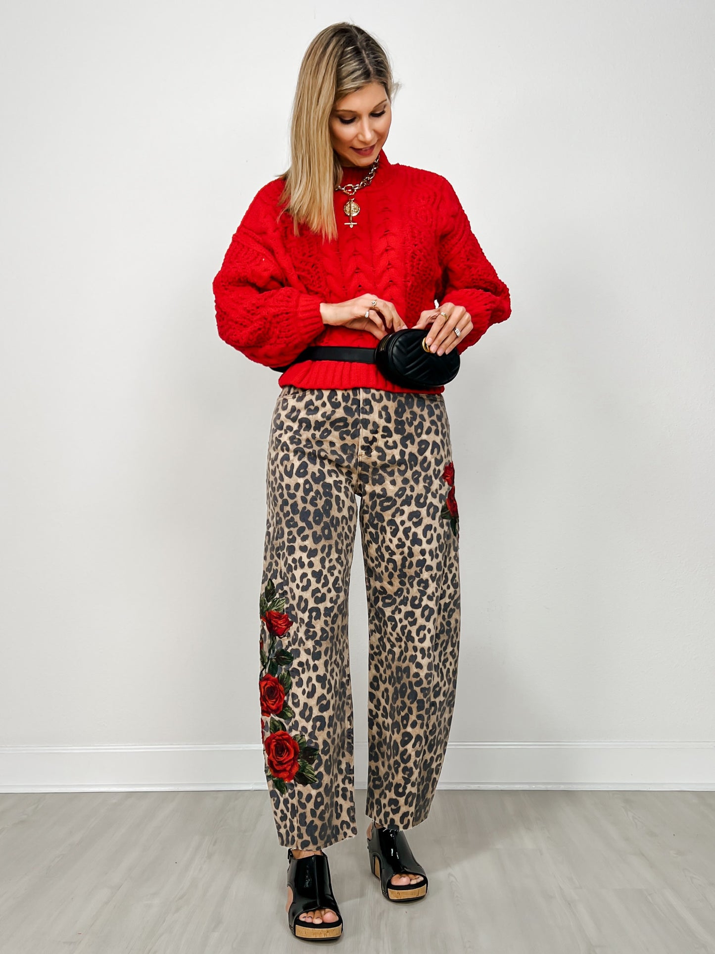 Leopard Barrel Leg Embroidered Jean