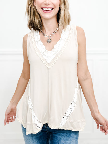 Lacy Dreams V-Neck Trim Detail Solid Sleeveless Knit Top