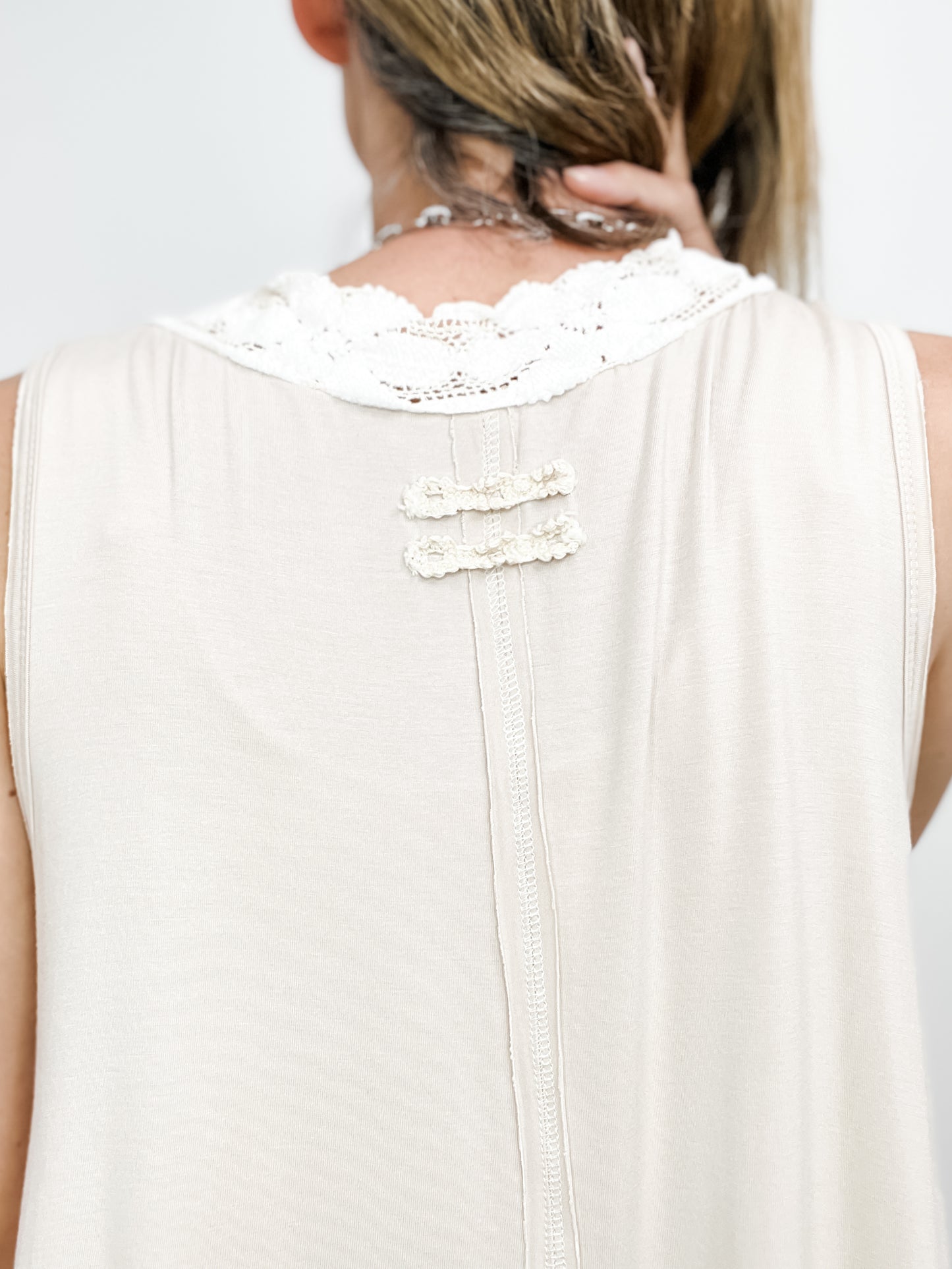 Lacy Dreams V-Neck Trim Detail Solid Sleeveless Knit Top