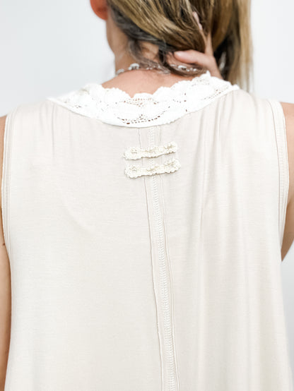 Lacy Dreams V-Neck Trim Detail Solid Sleeveless Knit Top