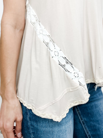 Lacy Dreams V-Neck Trim Detail Solid Sleeveless Knit Top