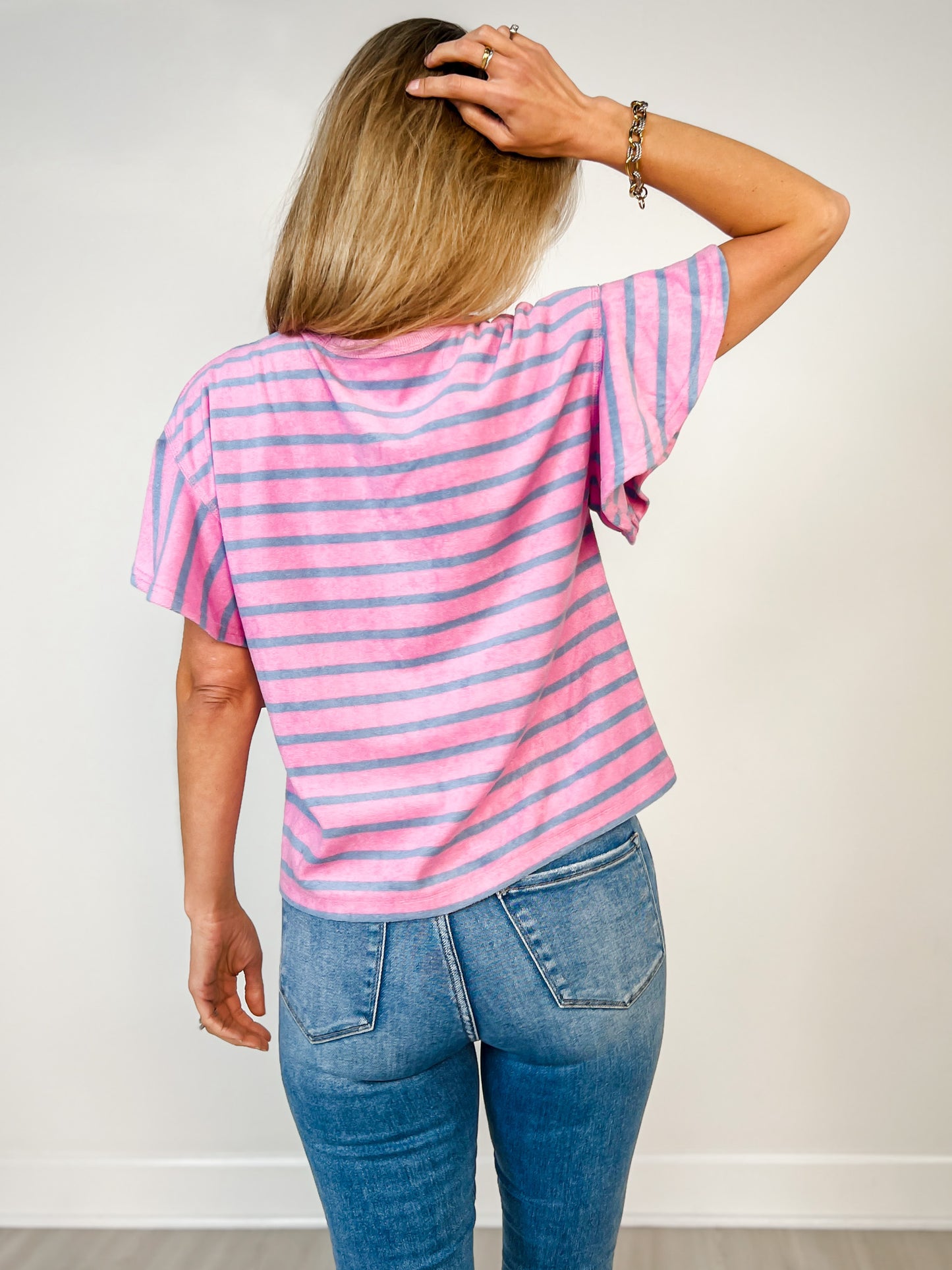 Oversized Ruffle Sleeve Casual Stripe Knit Top