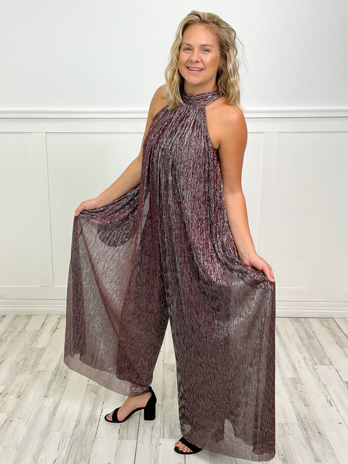 The Boy Is Mine Metallic Pleats Tied Back Wide Leg Jumpsuit