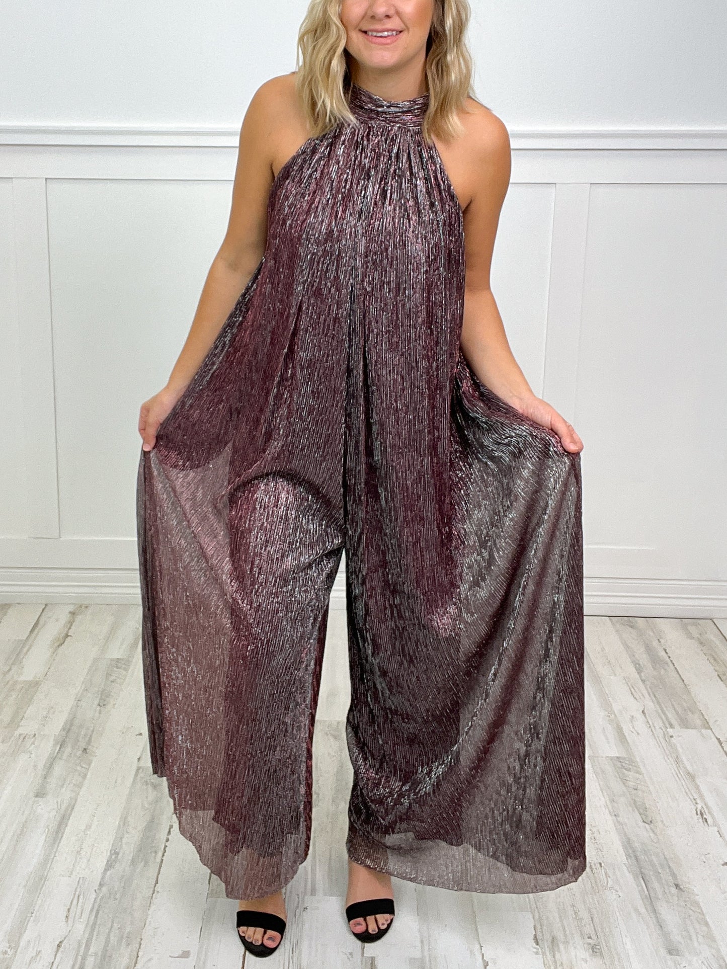 The Boy Is Mine Metallic Pleats Tied Back Wide Leg Jumpsuit