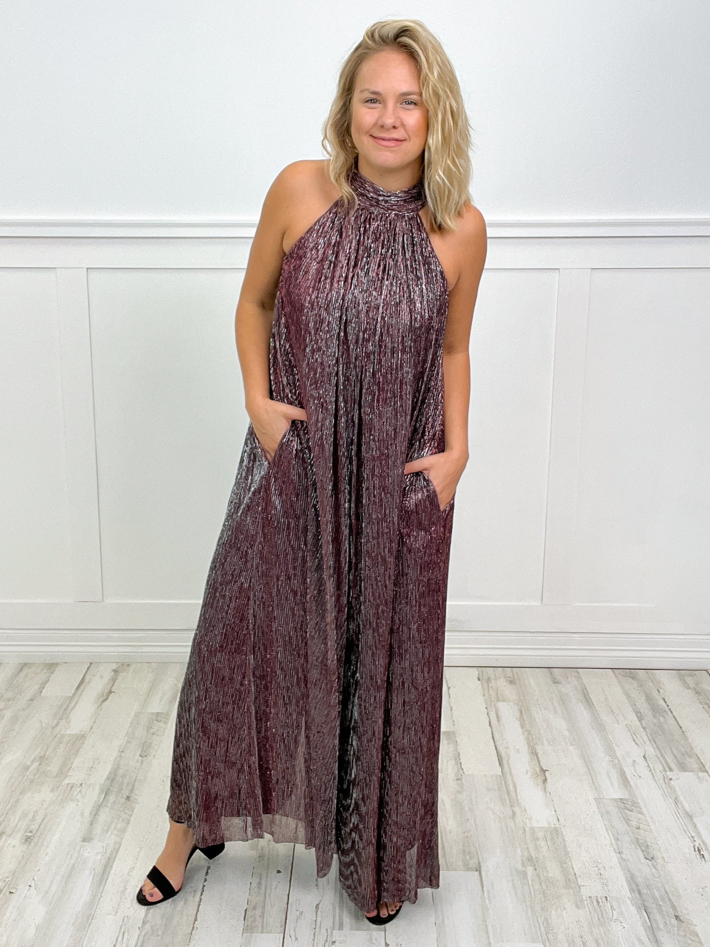 The Boy Is Mine Metallic Pleats Tied Back Wide Leg Jumpsuit