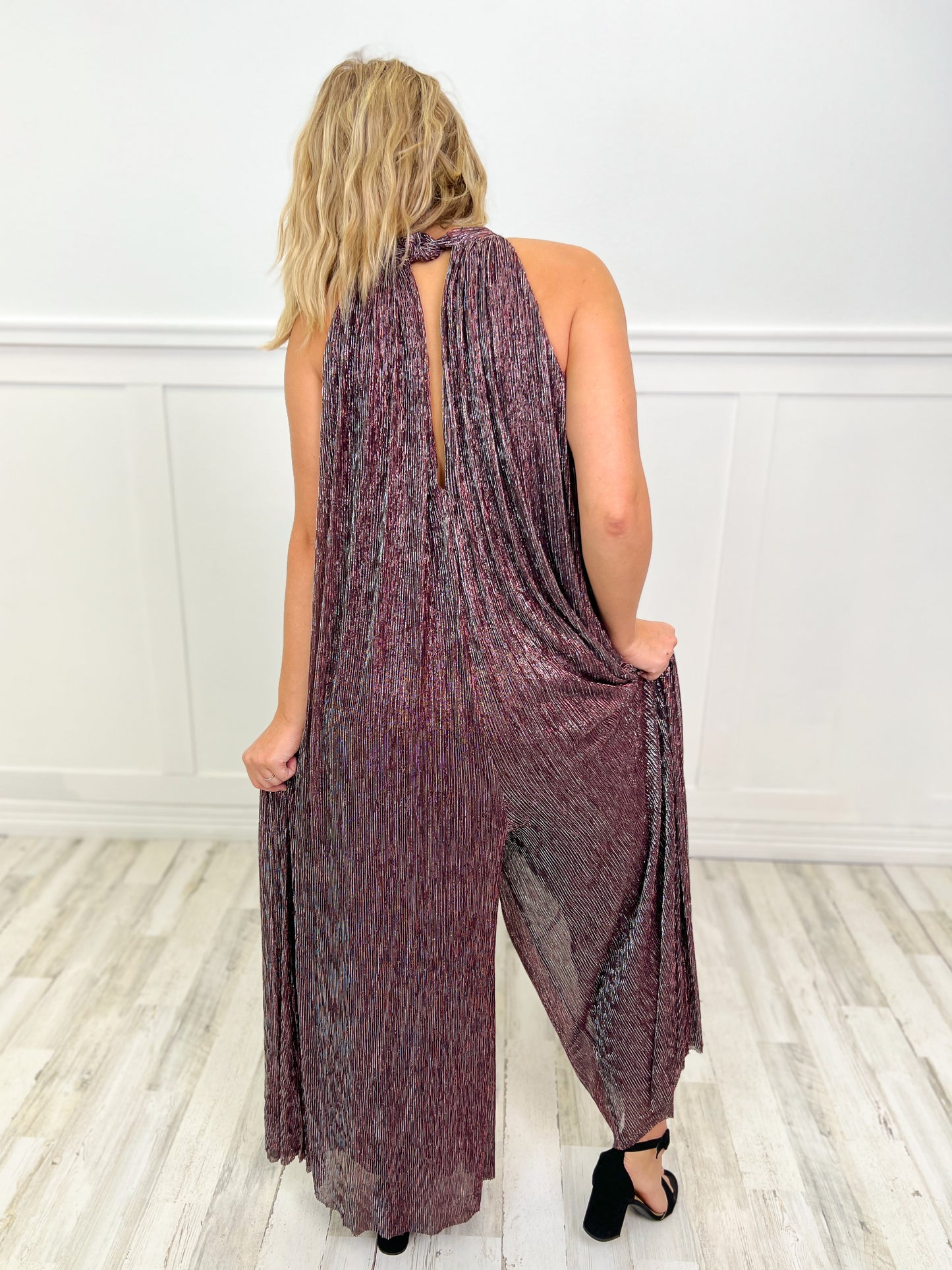 The Boy Is Mine Metallic Pleats Tied Back Wide Leg Jumpsuit