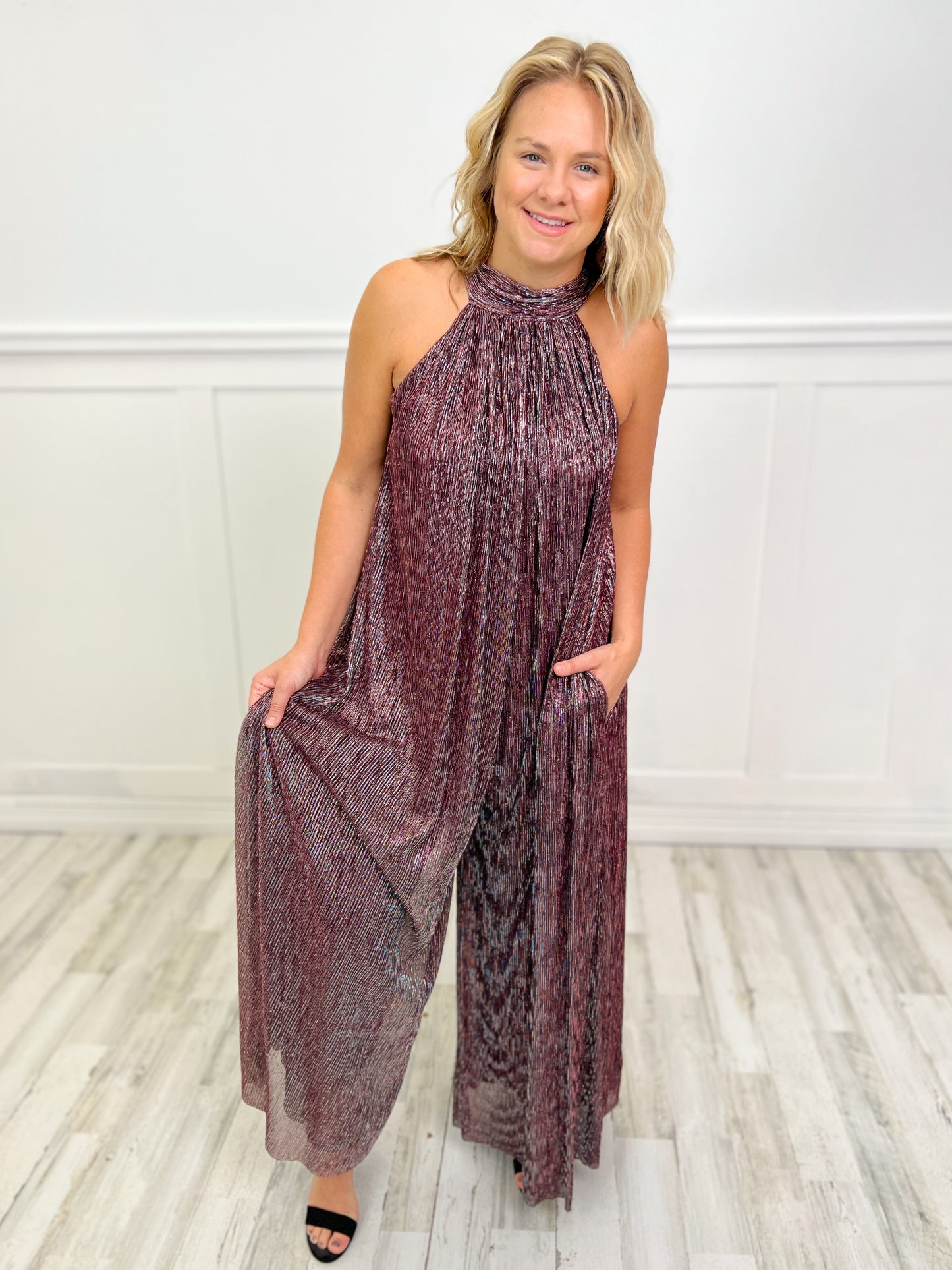 The Boy Is Mine Metallic Pleats Tied Back Wide Leg Jumpsuit