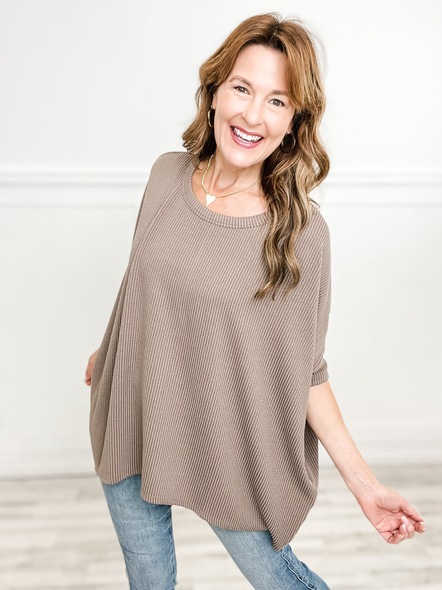 Dolman Sleeve Oversized Ribbed Top with Rounded Hemline - Group A