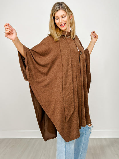 Flowy Button Detail Poncho Top in Chocolate