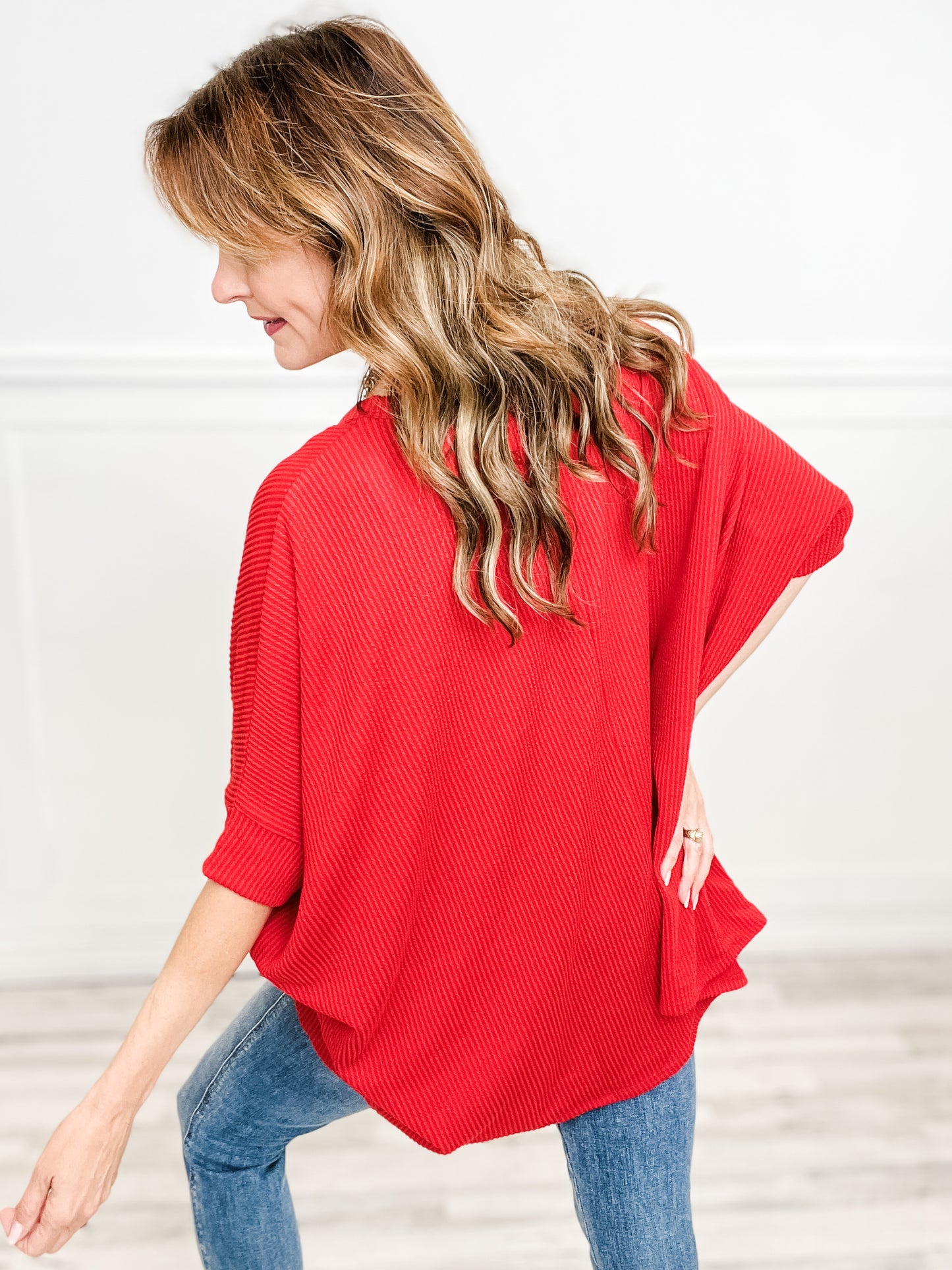 Dolman Sleeve Oversized Ribbed Top with Rounded Hemline - Group B