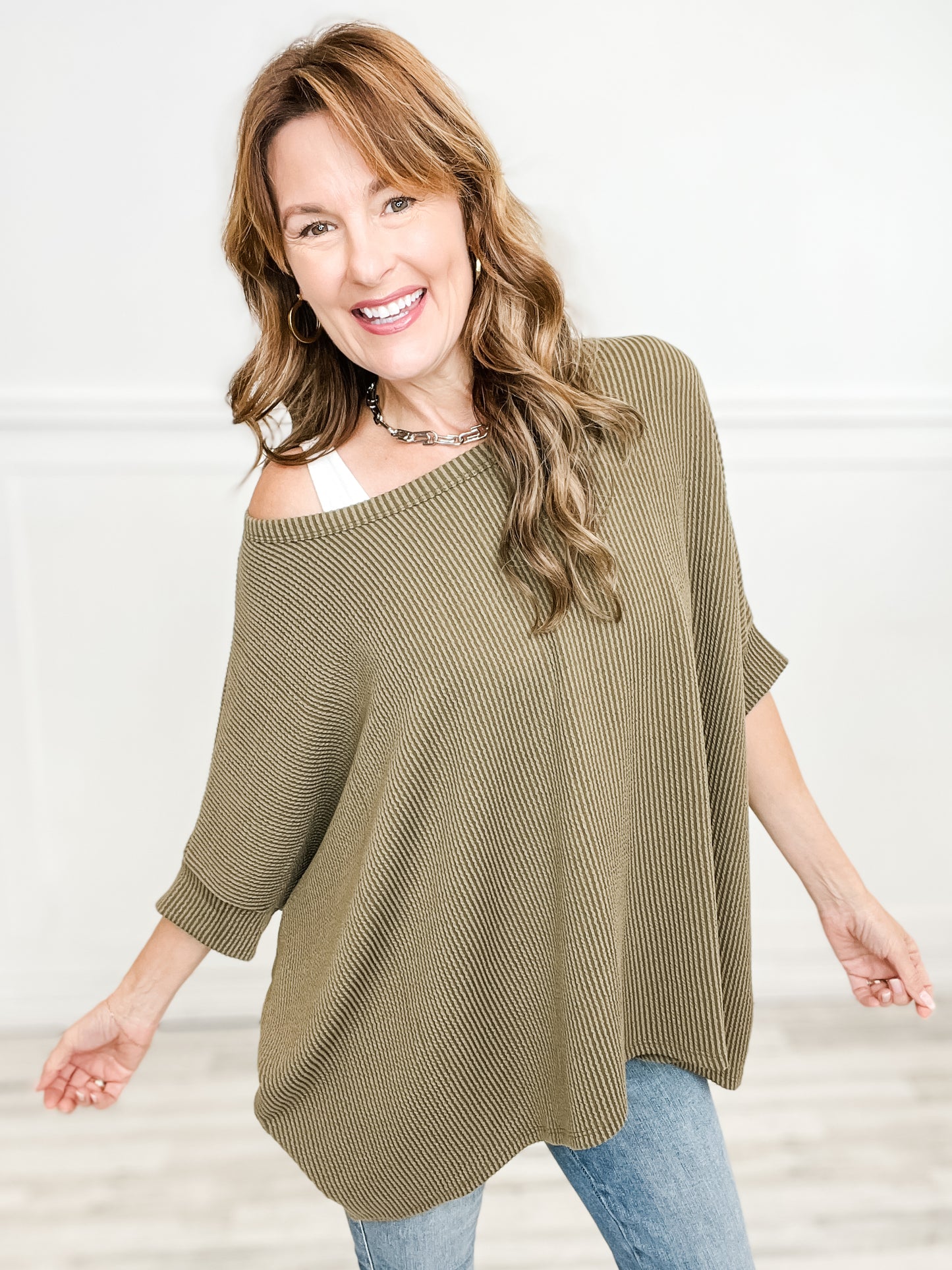 Dolman Sleeve Oversized Ribbed Top with Rounded Hemline - Group B