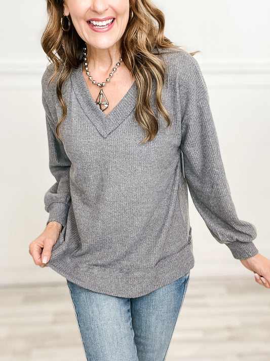 Not So Basic Long Sleeve Ribbed V-Neck Top - Staple Colors