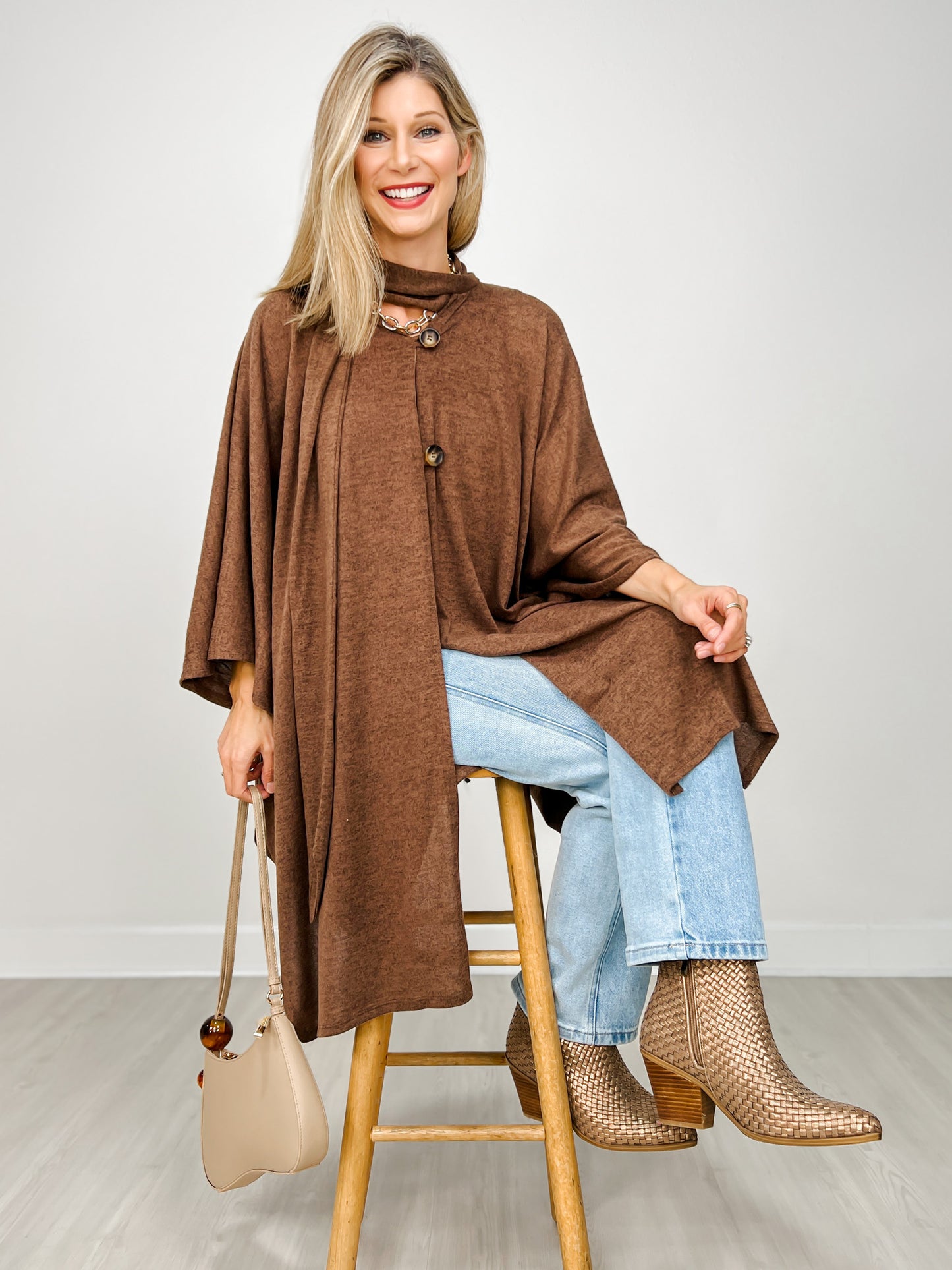 Flowy Button Detail Poncho Top in Chocolate