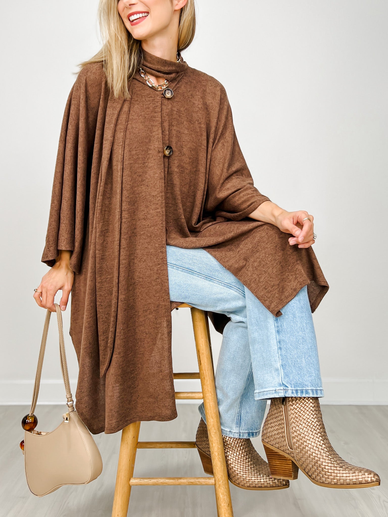 Flowy Button Detail Poncho Top in Chocolate