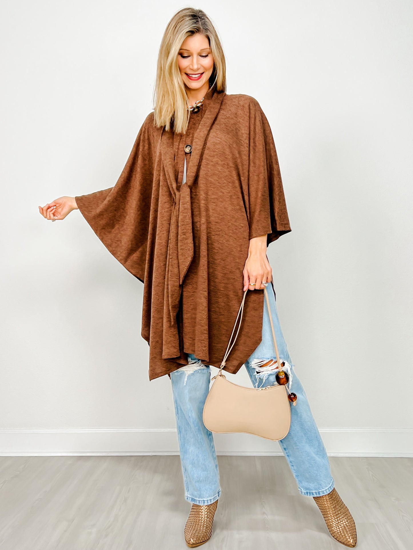 Flowy Button Detail Poncho Top in Chocolate