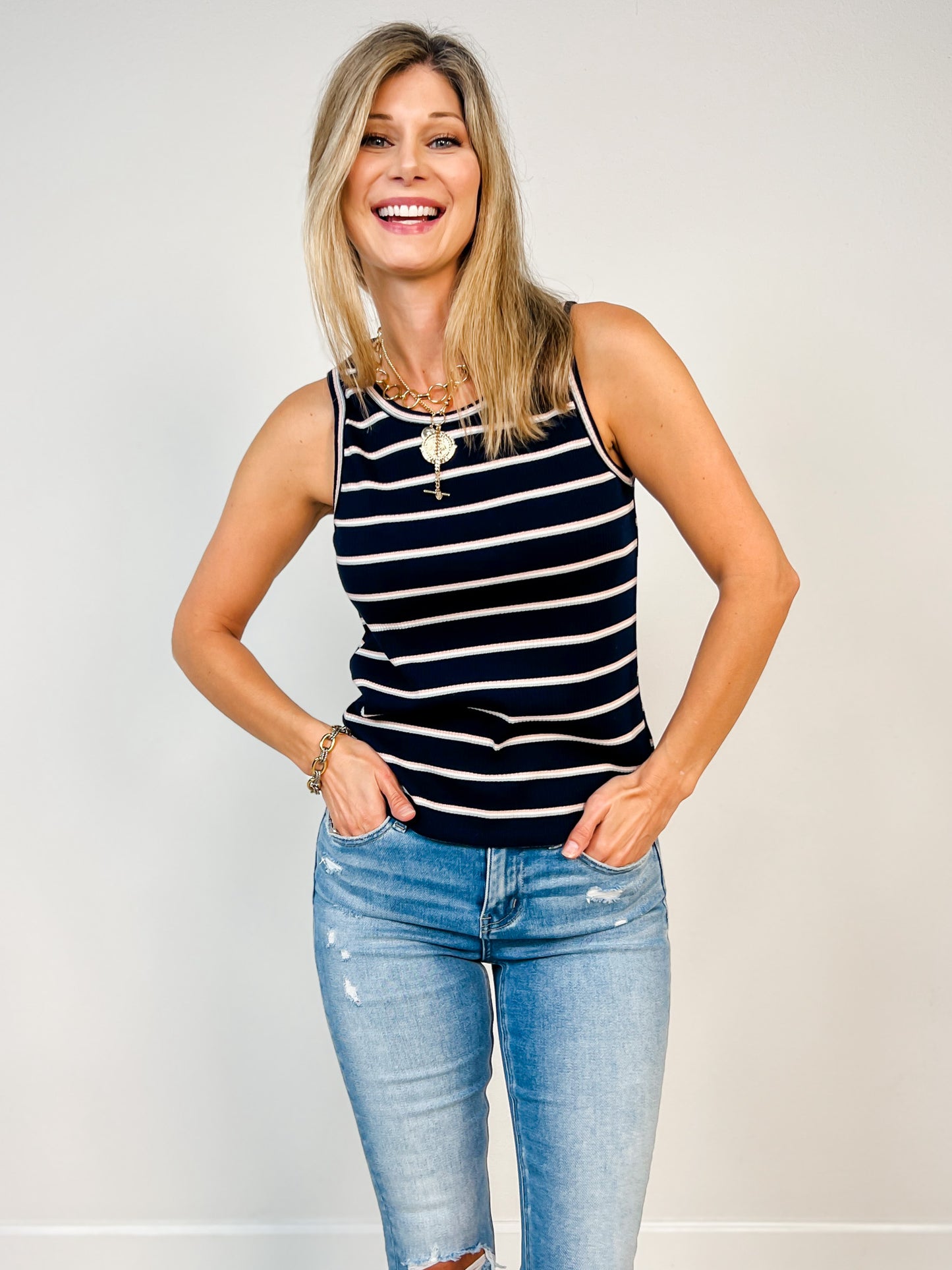 Multi Color Striped Ribbed Tank Top