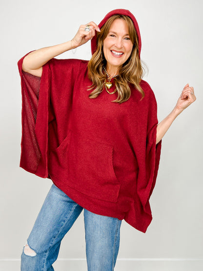 Hooded Dolman Sleeve Poncho Top with Kangaroo Pocket in Wine