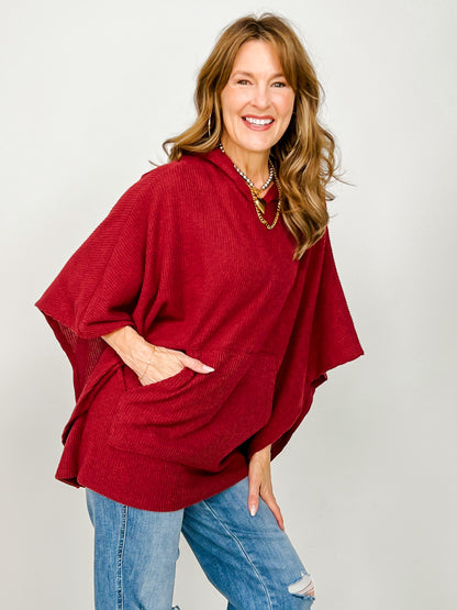Hooded Dolman Sleeve Poncho Top with Kangaroo Pocket in Wine
