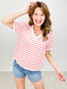 V-Neck Short Sleeve Loose Fit Striped Sweater Top