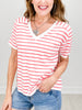 V-Neck Short Sleeve Loose Fit Striped Sweater Top