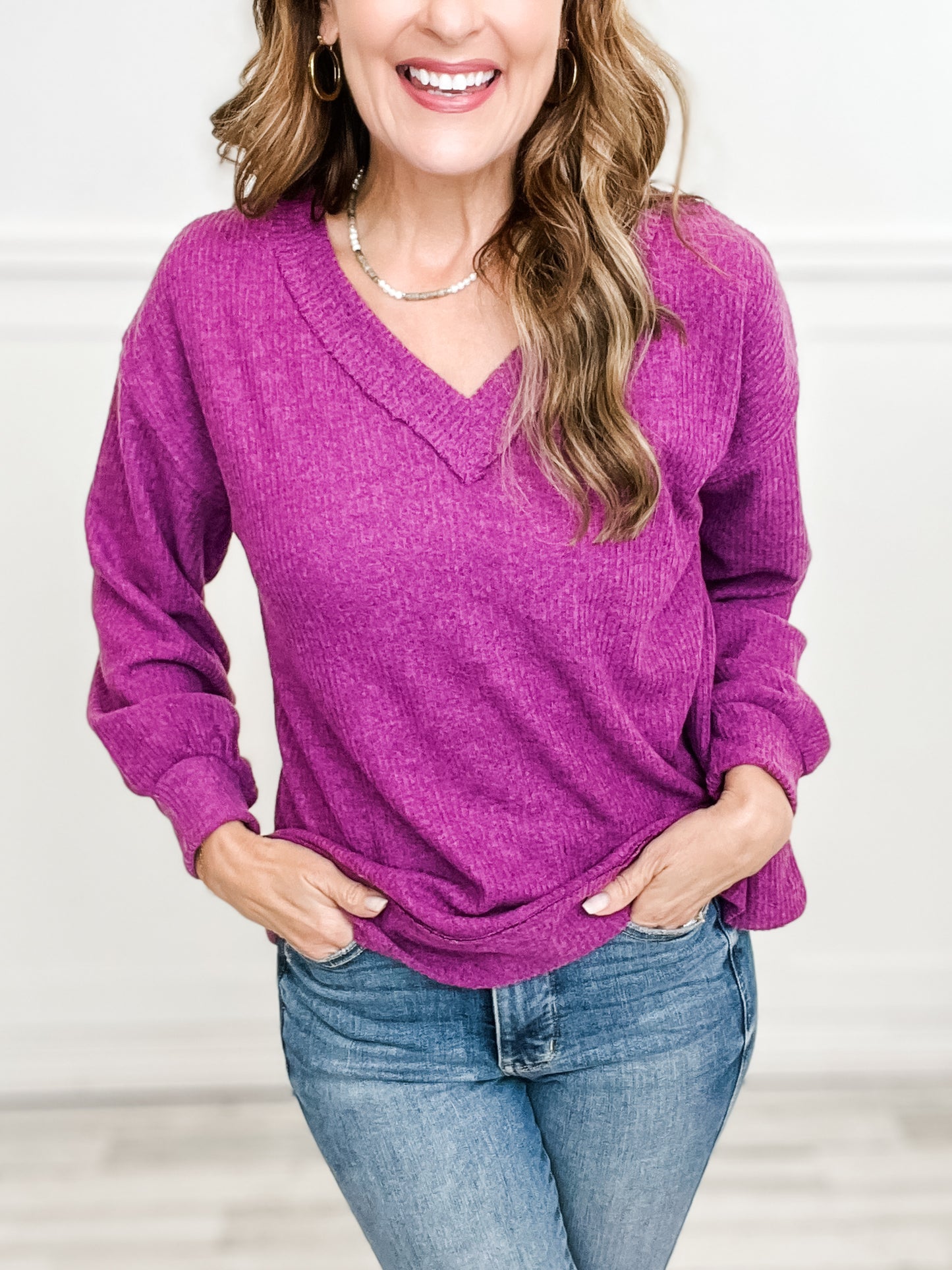 Not So Basic Long Sleeve Ribbed V-Neck Top - Pink Hues