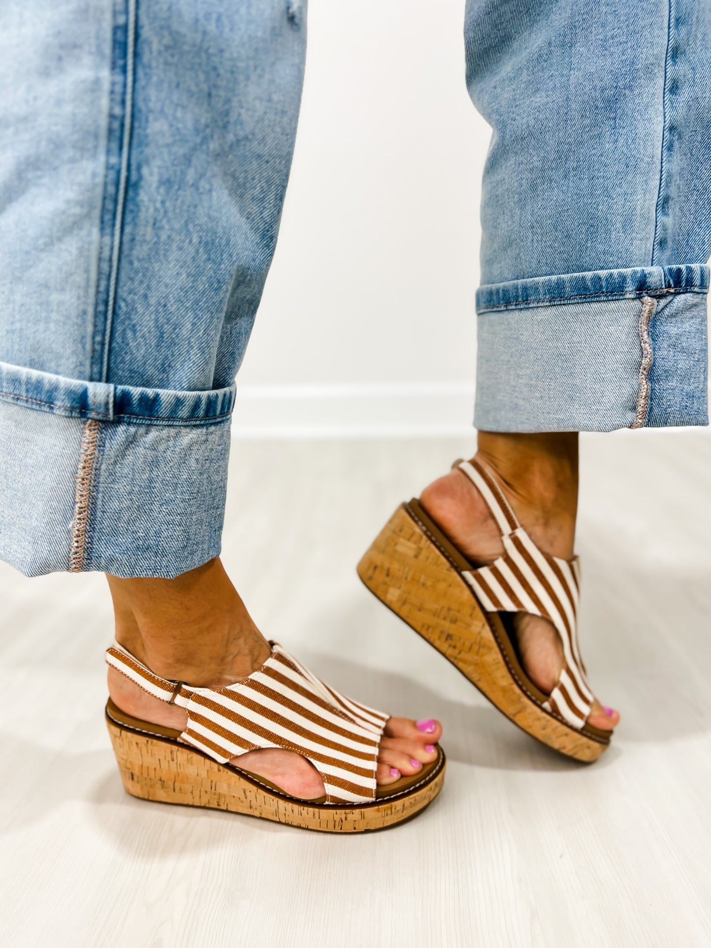 Corkys Carley Wedges in TAN WHITE STRIPE