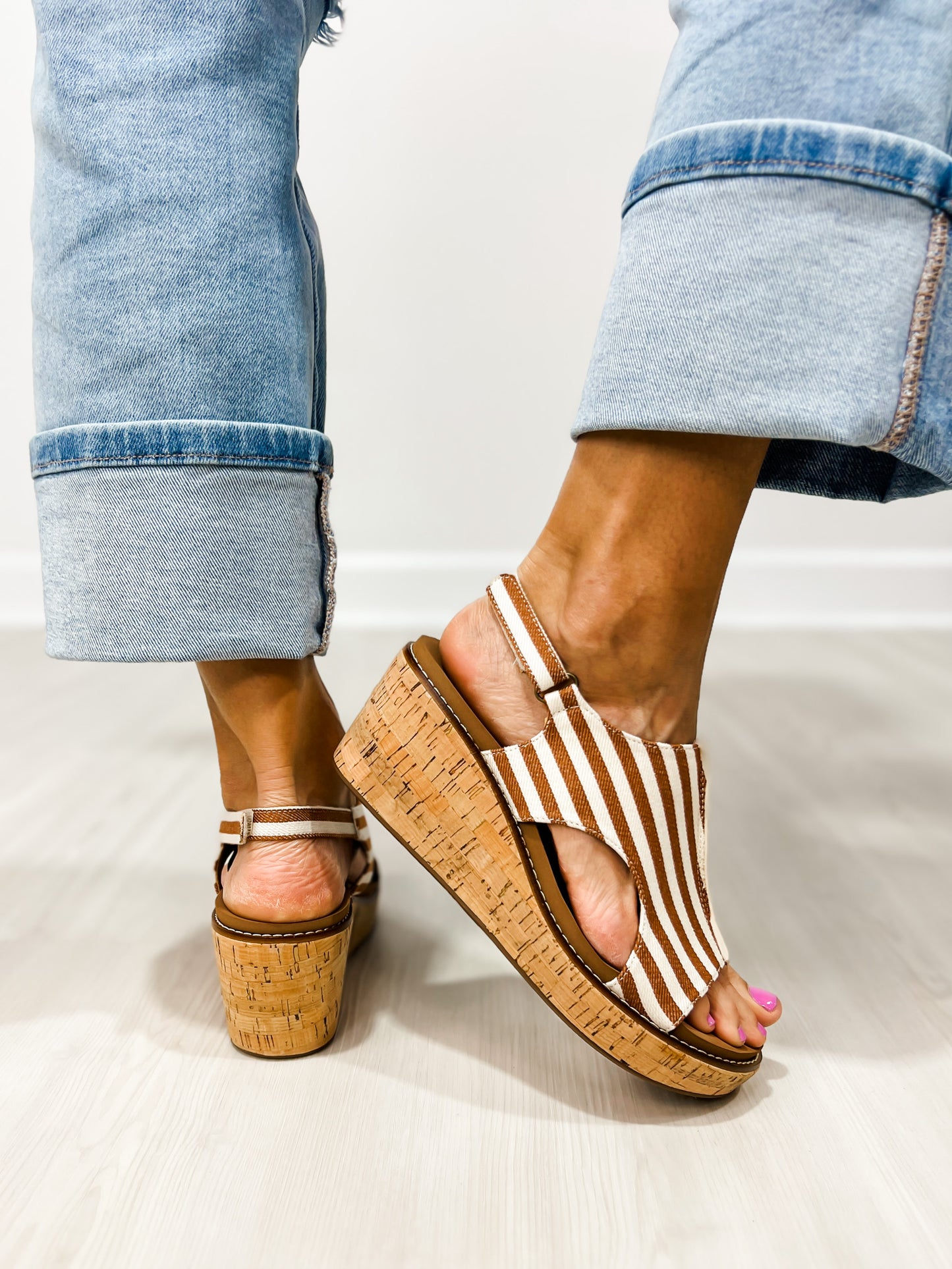 Corkys Carley Wedges in TAN WHITE STRIPE