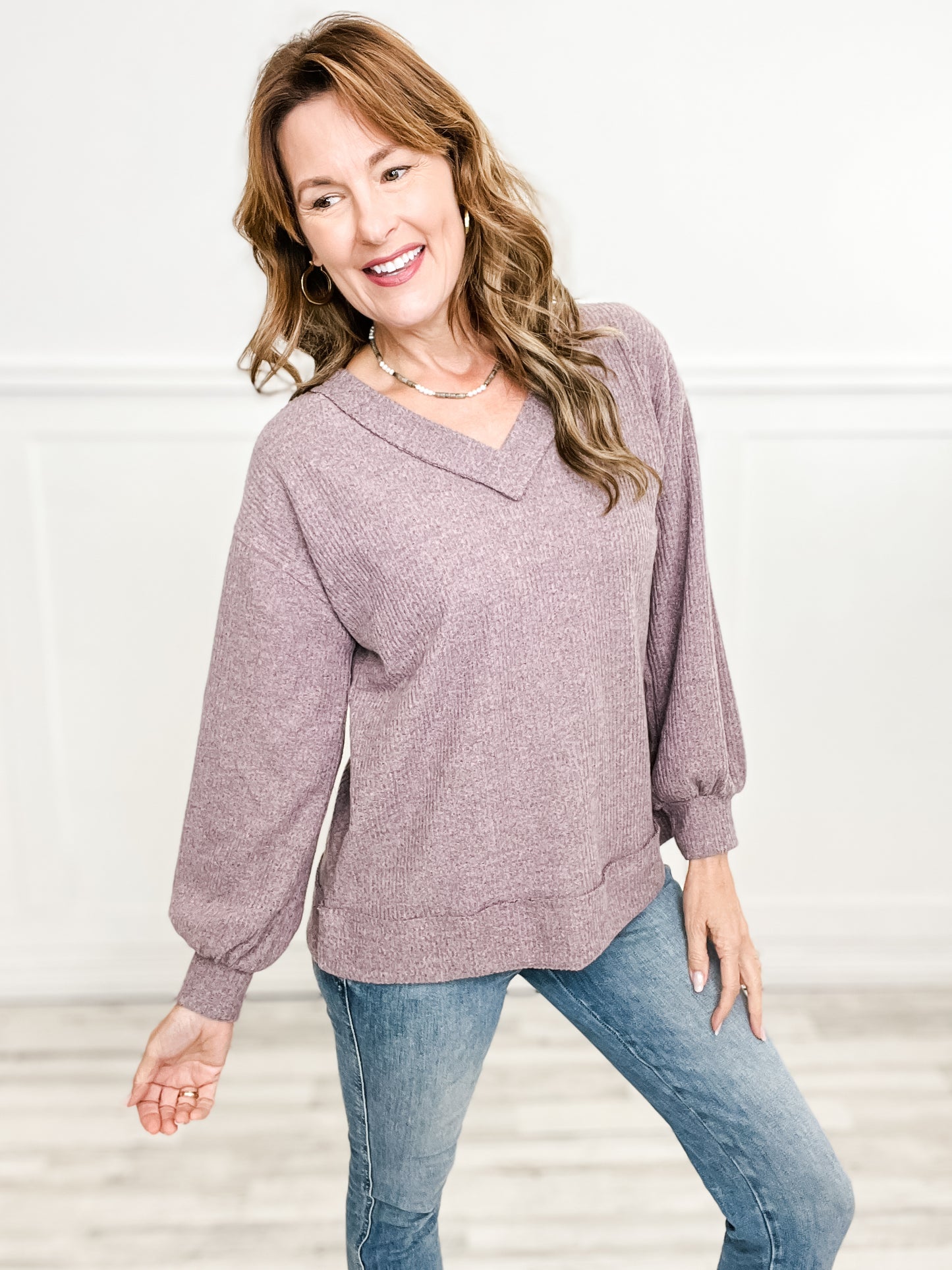 Not So Basic Long Sleeve Ribbed V-Neck Top - Pink Hues