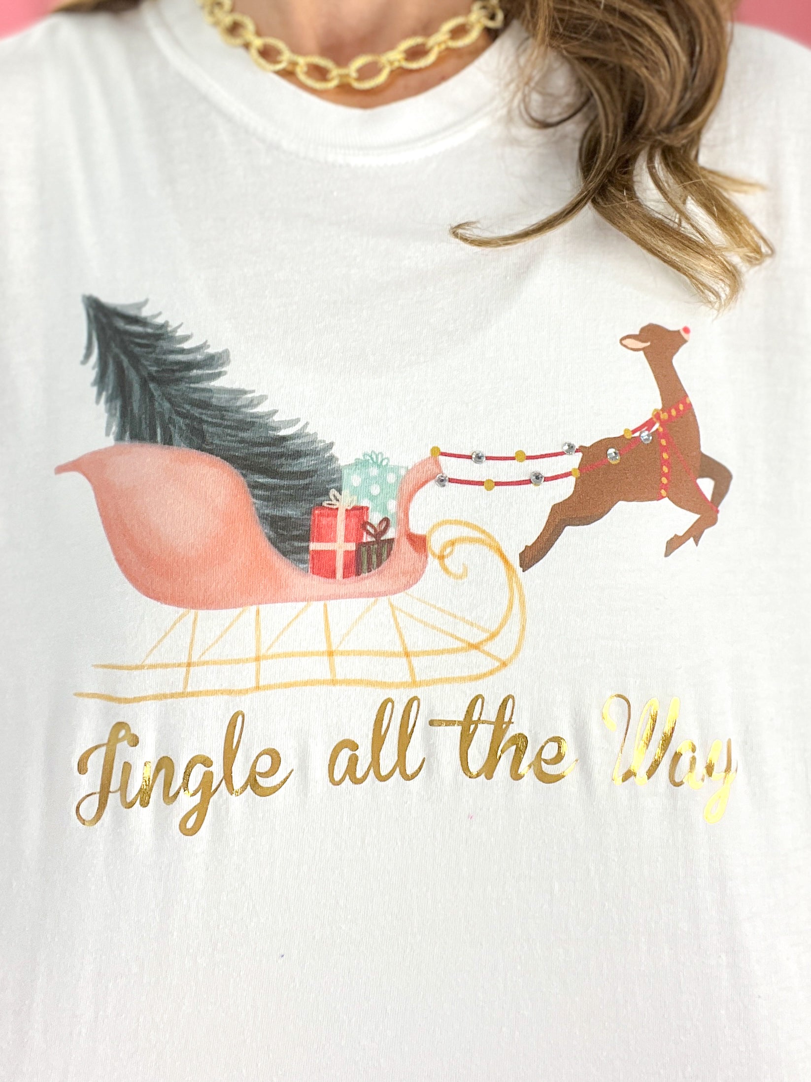 Jingle All The Way Reindeer Gold Foil Graphic Tee