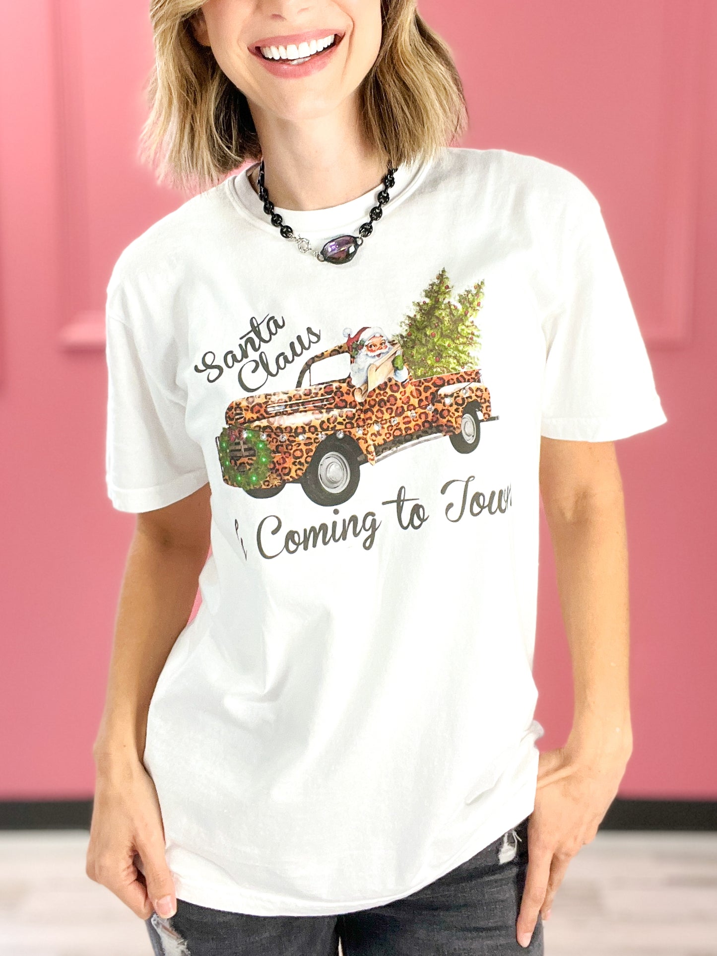 Santa Claus Is Coming Leopard Truck Rhinestone Graphic Tee