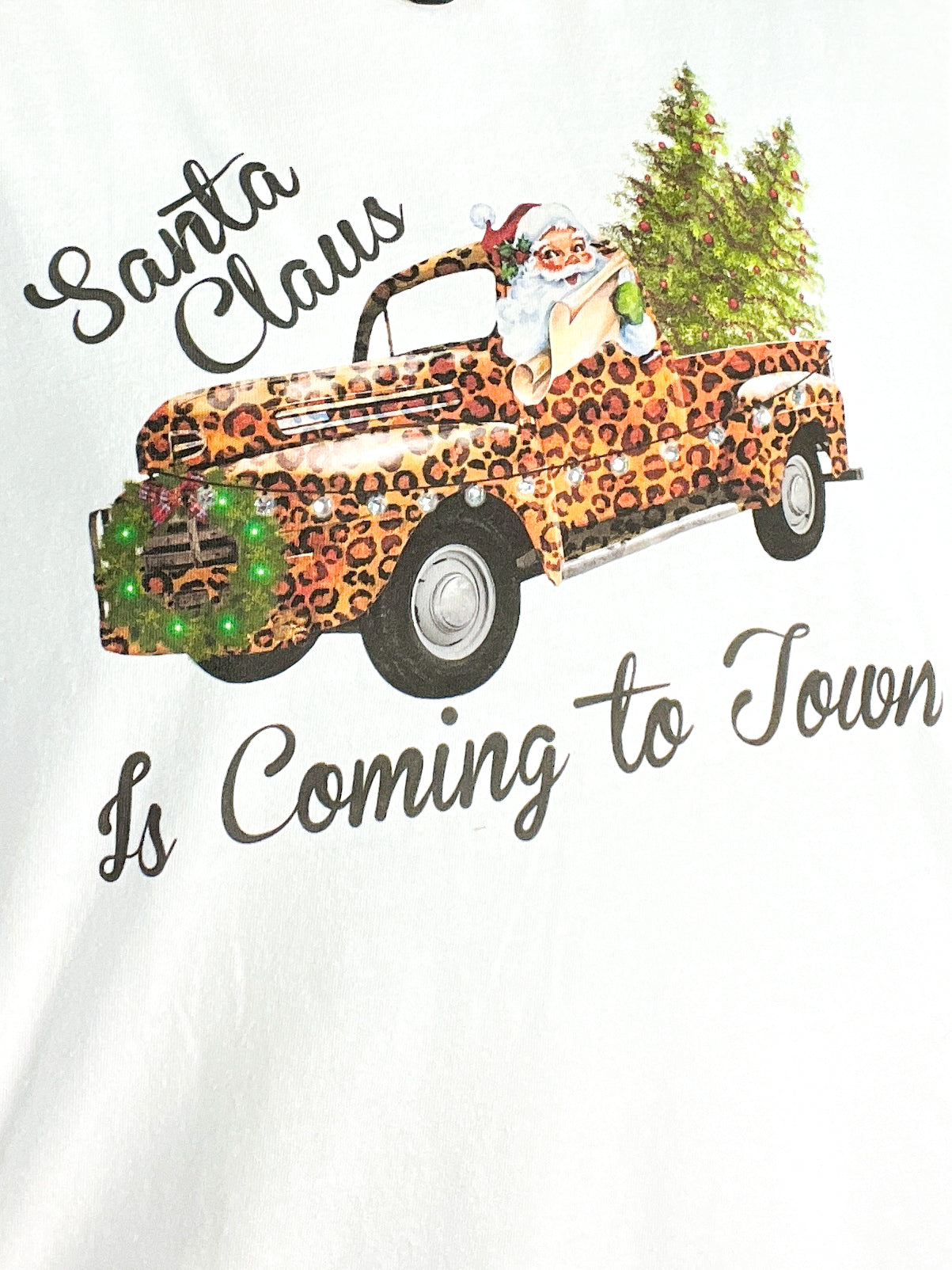 Santa Claus Is Coming Leopard Truck Rhinestone Graphic Tee