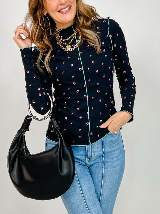 Cherry Print Thermal Top with Mock Neckline