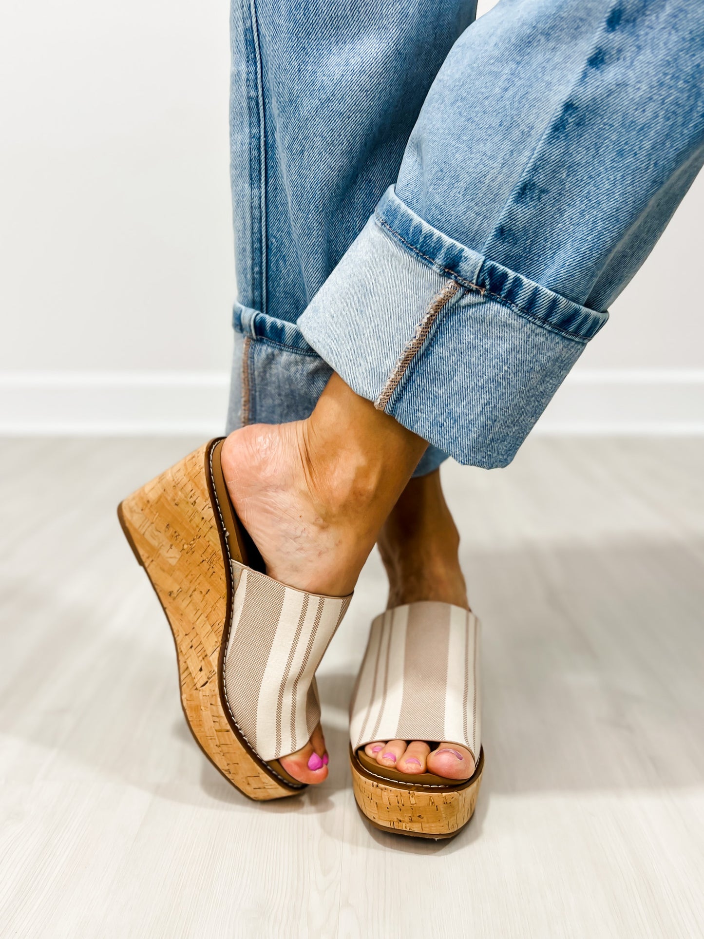 Corkys Mugshot Slip-On Wedges in TAN NATURAL STRIPE