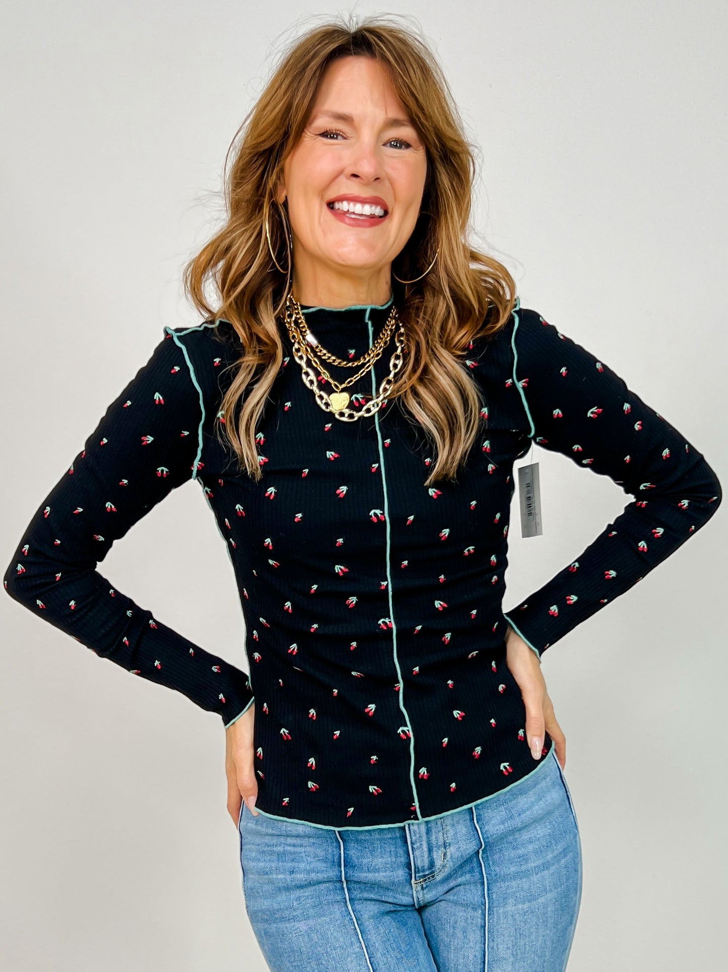 Cherry Print Thermal Top with Mock Neckline