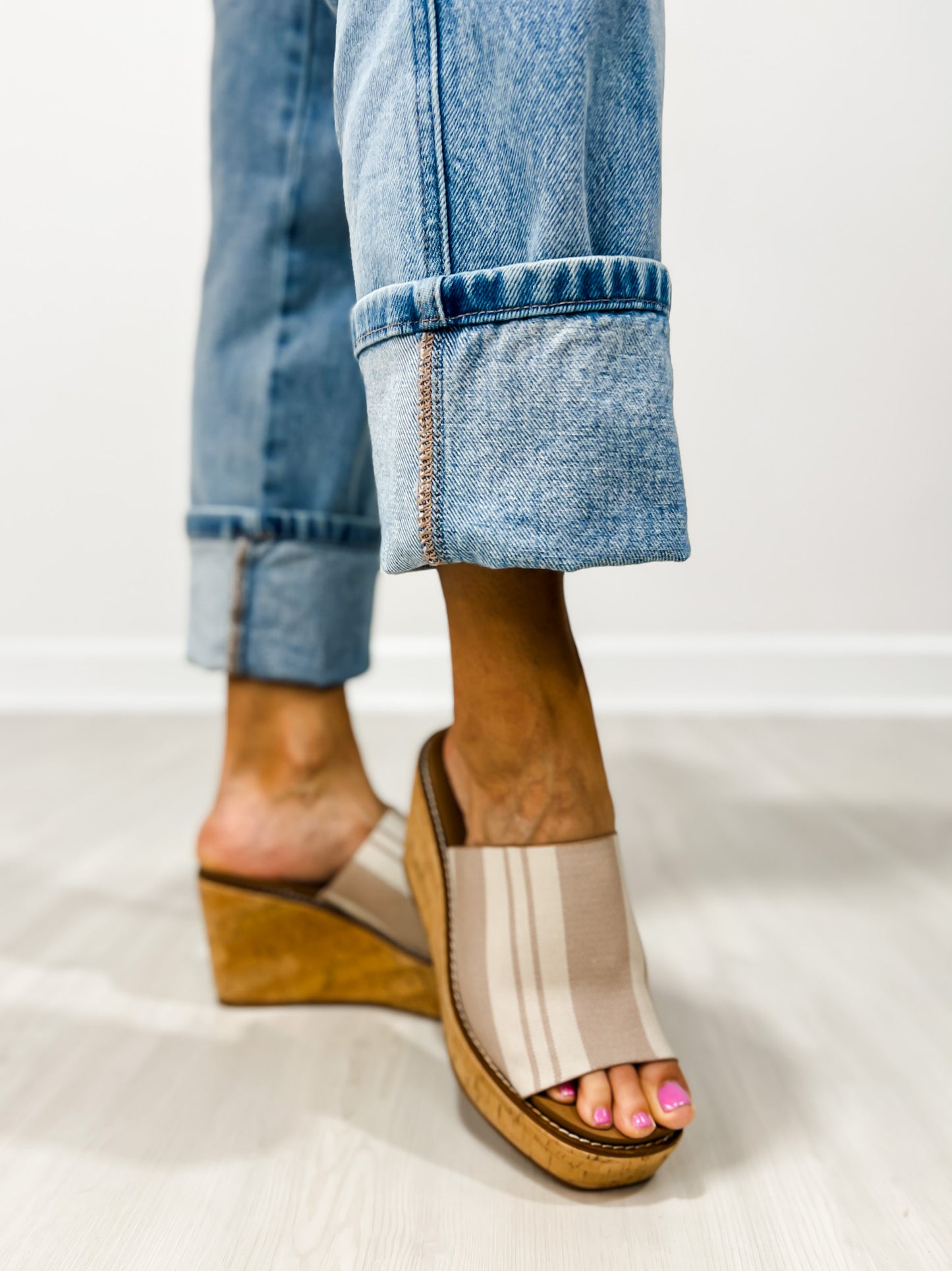 Corkys Mugshot Slip-On Wedges in TAN NATURAL STRIPE