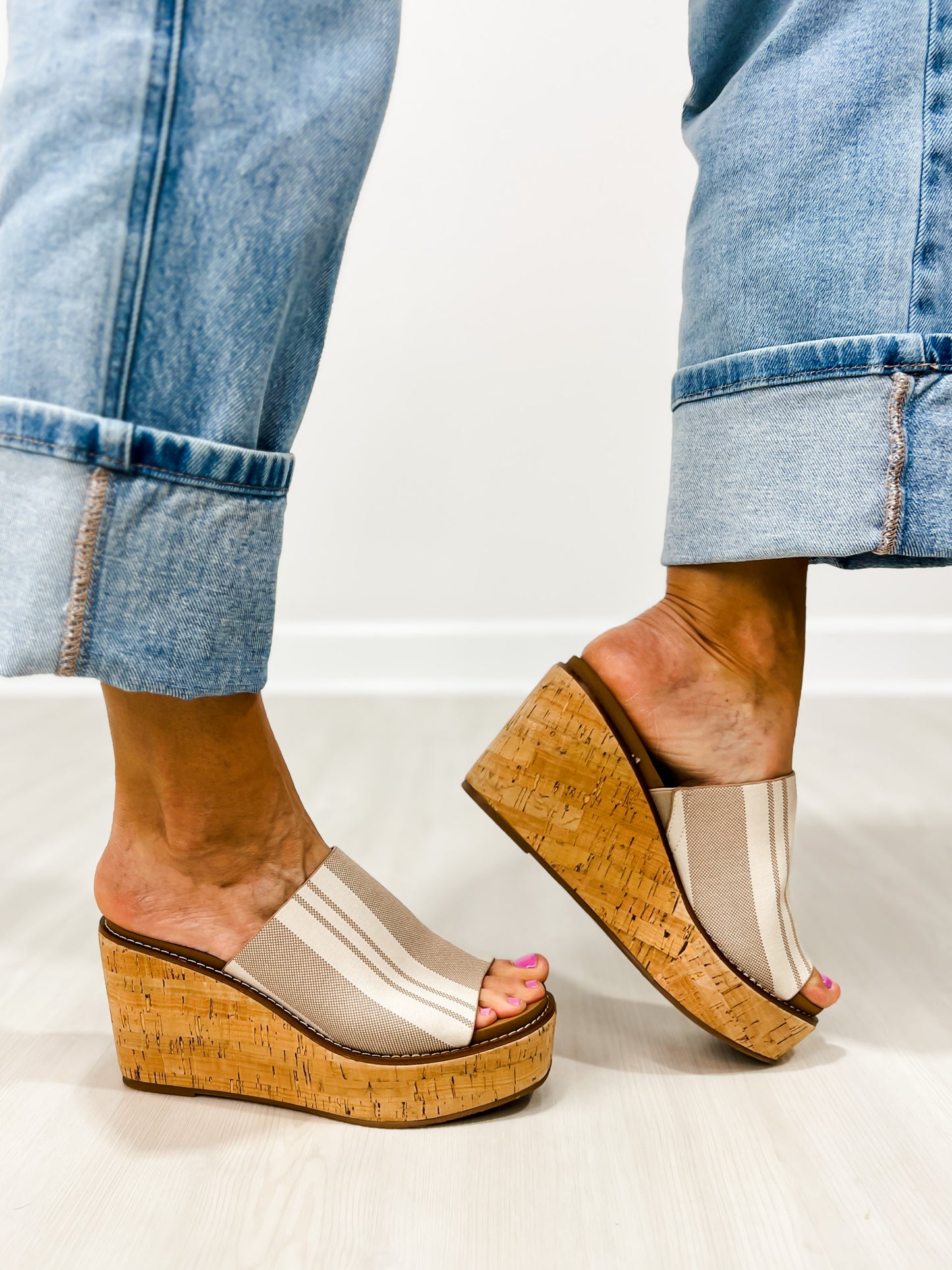Corkys Mugshot Slip-On Wedges in TAN NATURAL STRIPE