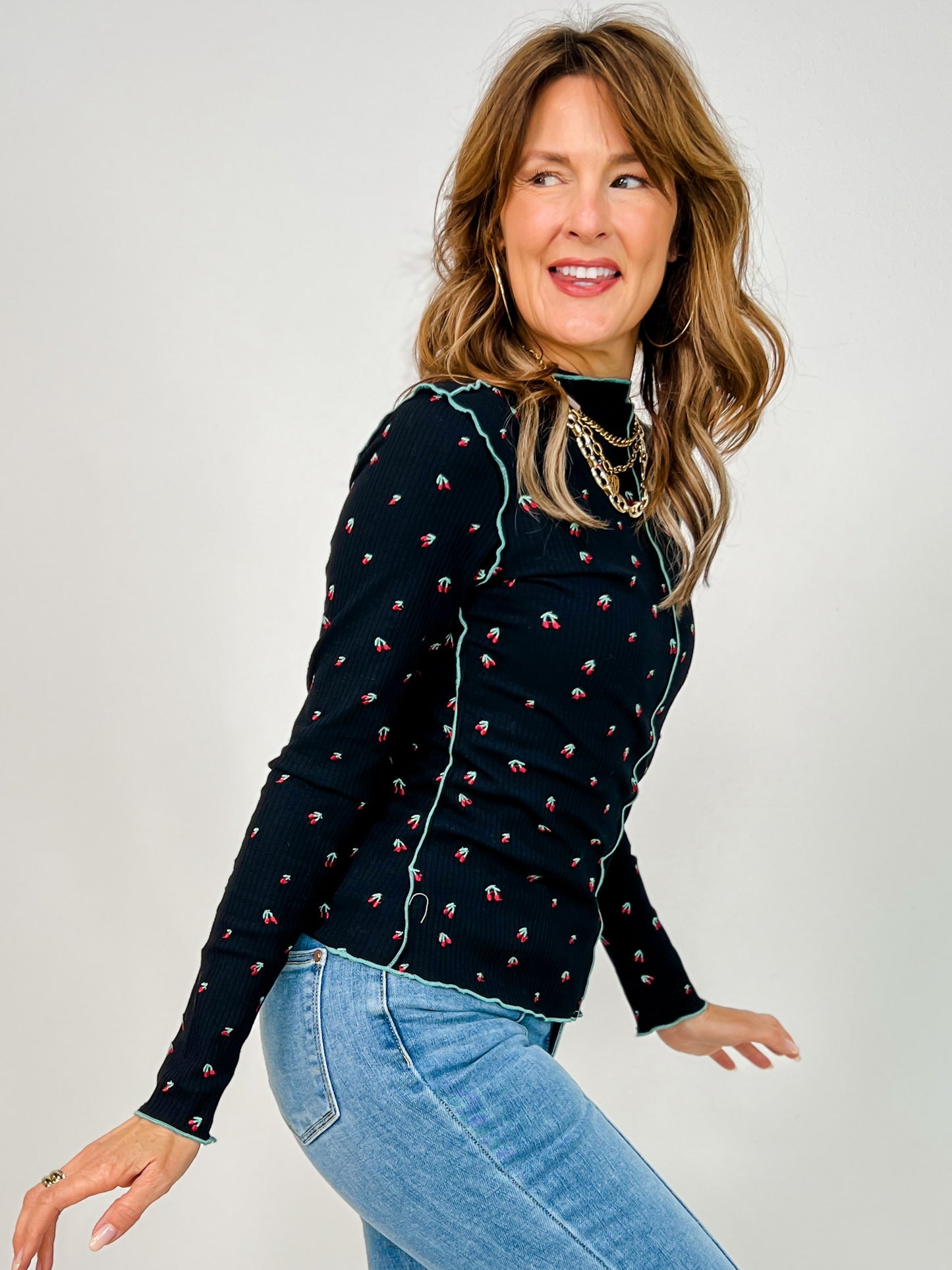 Cherry Print Thermal Top with Mock Neckline