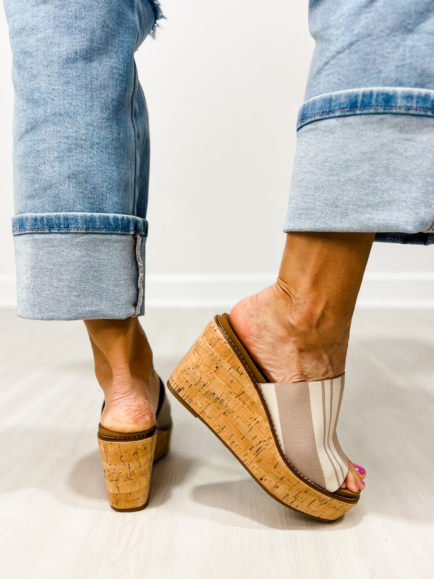 Corkys Mugshot Slip-On Wedges in TAN NATURAL STRIPE