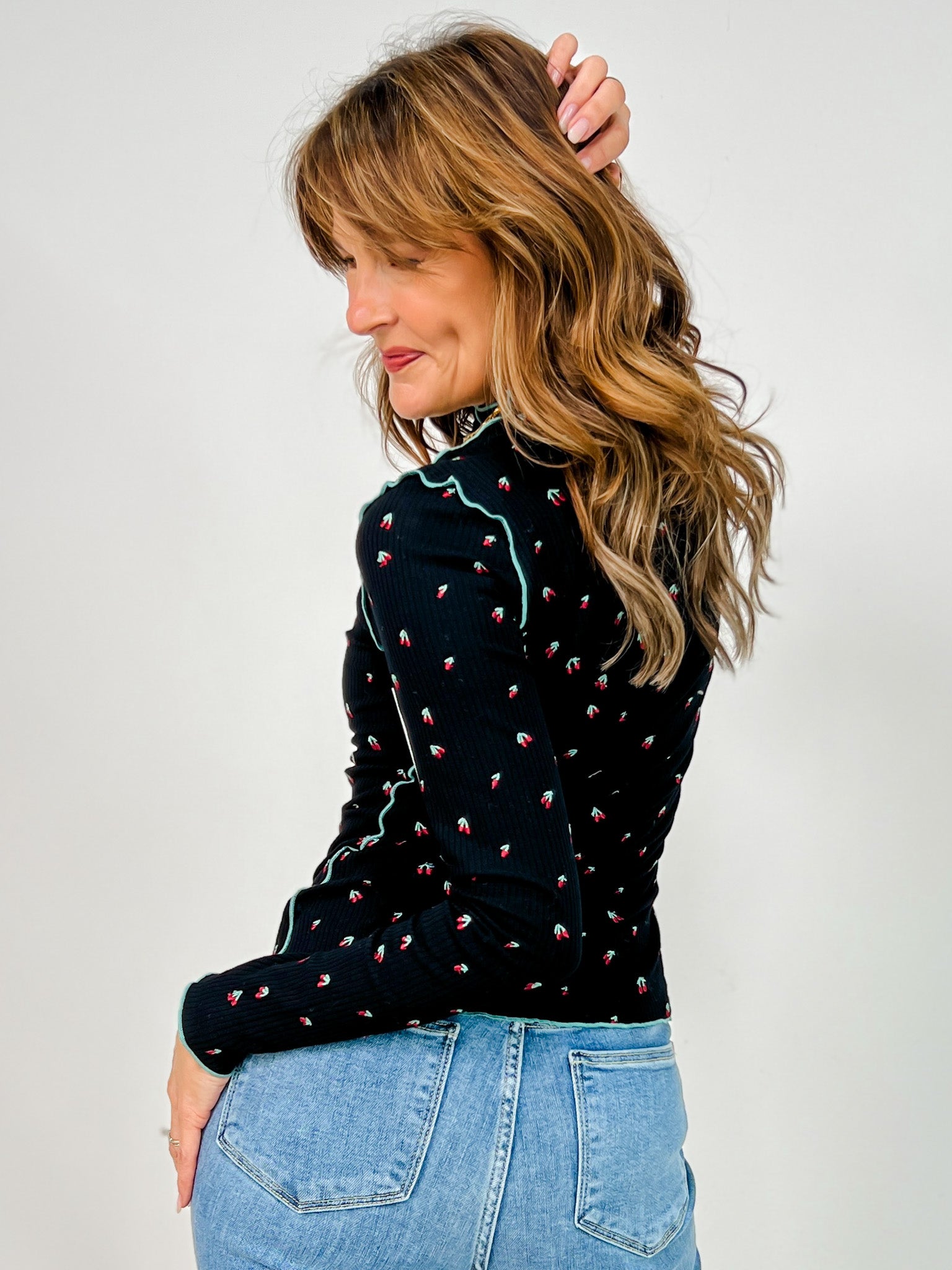 Cherry Print Thermal Top with Mock Neckline