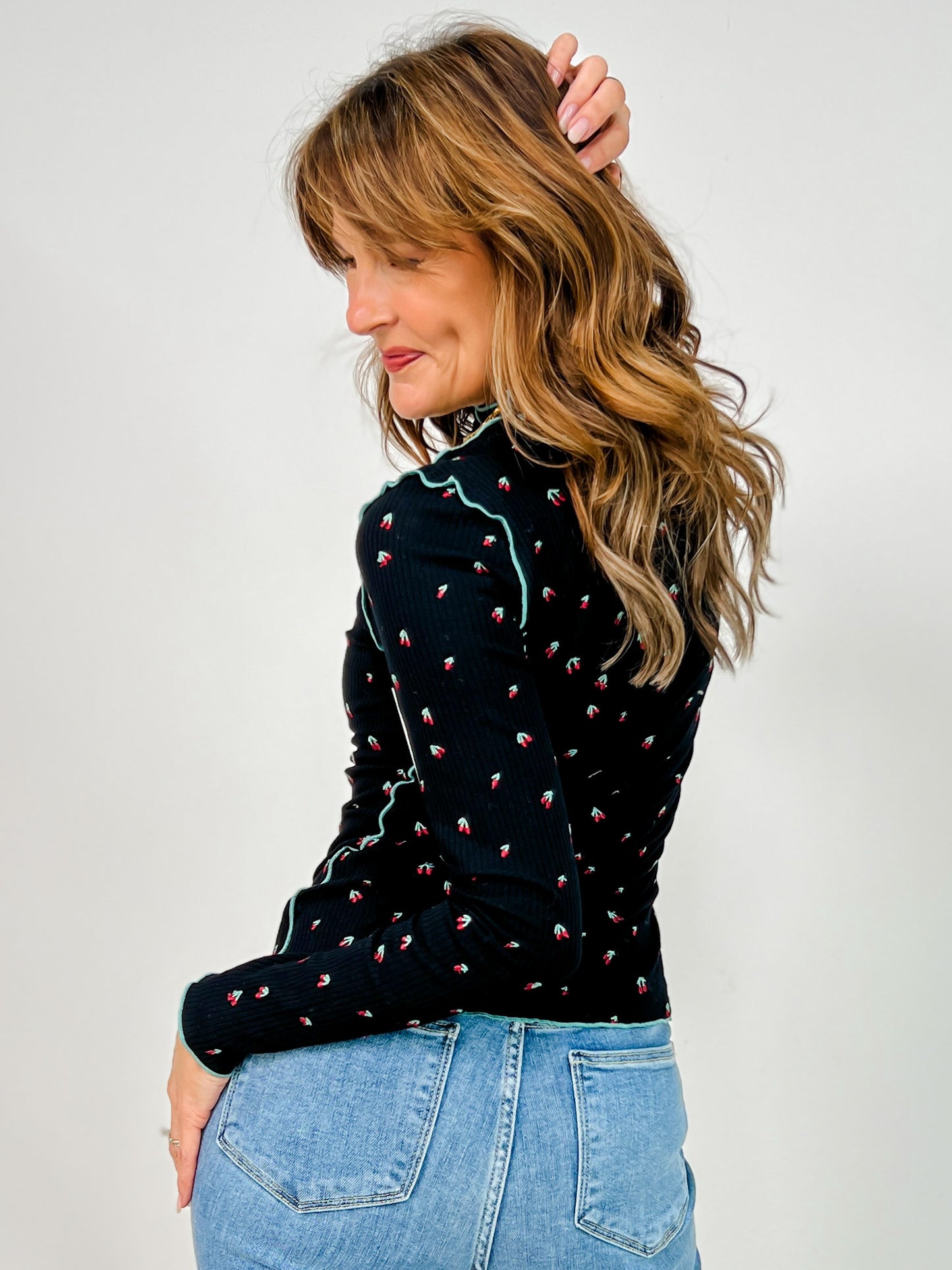 Cherry Print Thermal Top with Mock Neckline