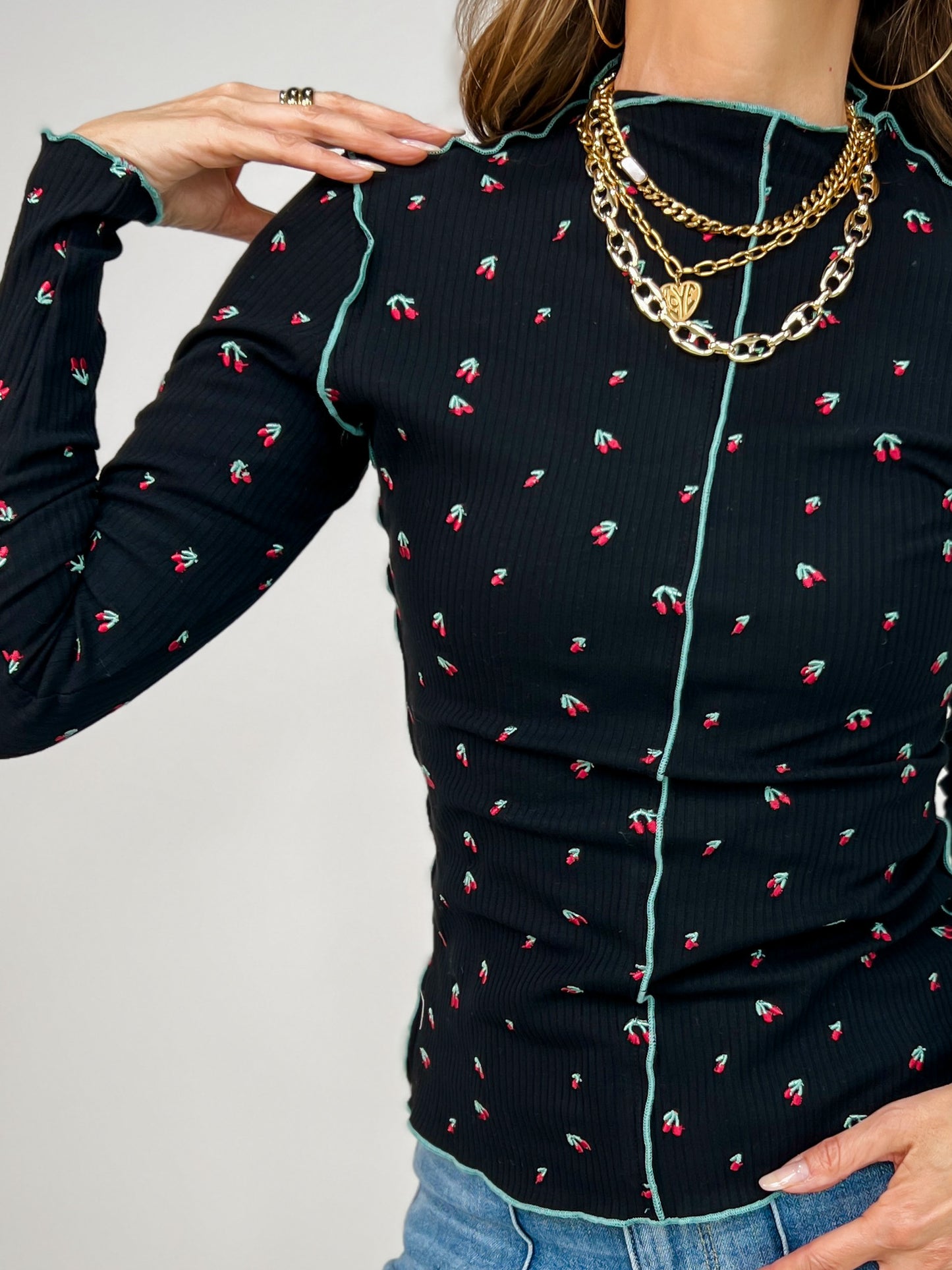 Cherry Print Thermal Top with Mock Neckline