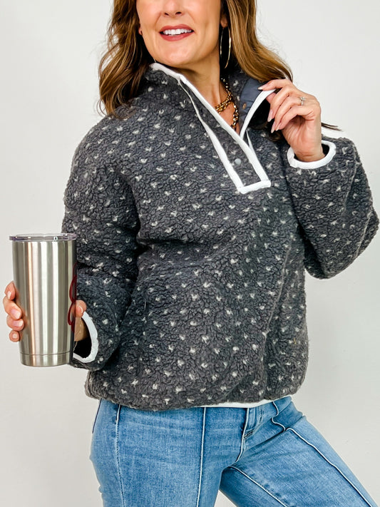 Snap Button Neckline Heart Sherpa Fleece Pullover Top