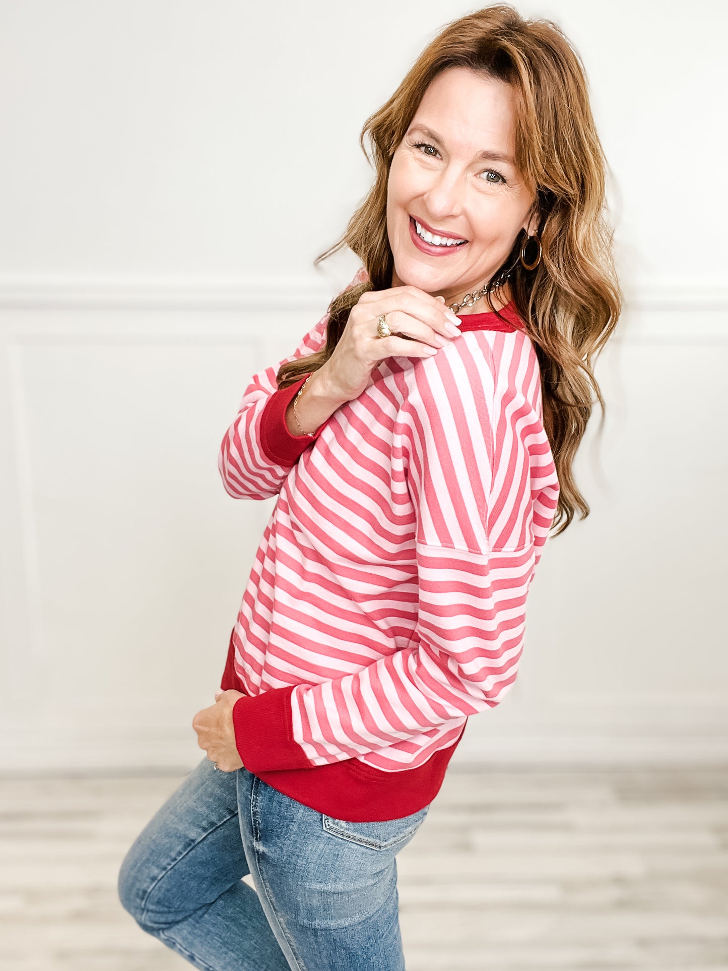 Textured Striped Banded Crew Neck Long Sleeve Pullover Top