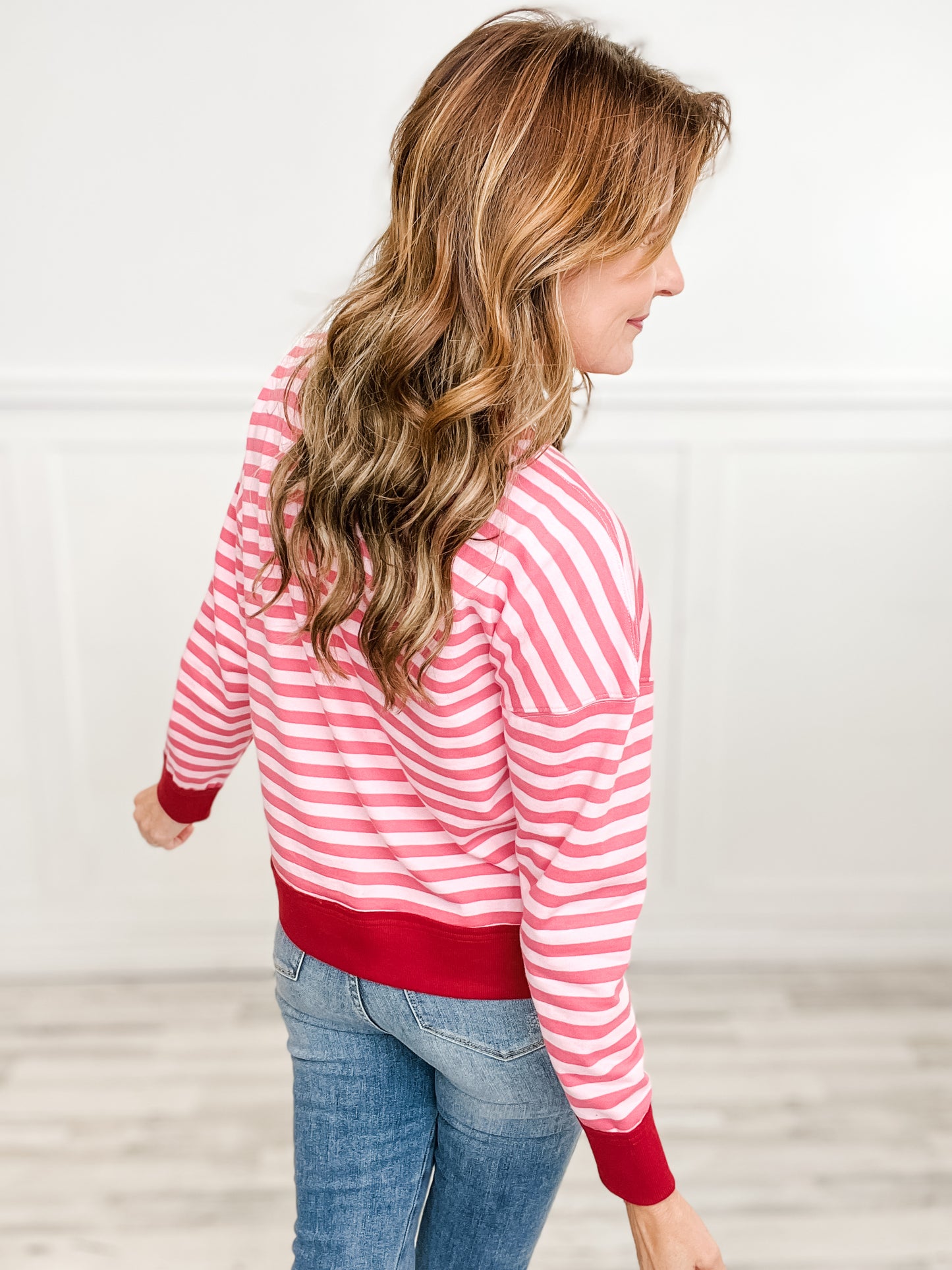 Textured Striped Banded Crew Neck Long Sleeve Pullover Top