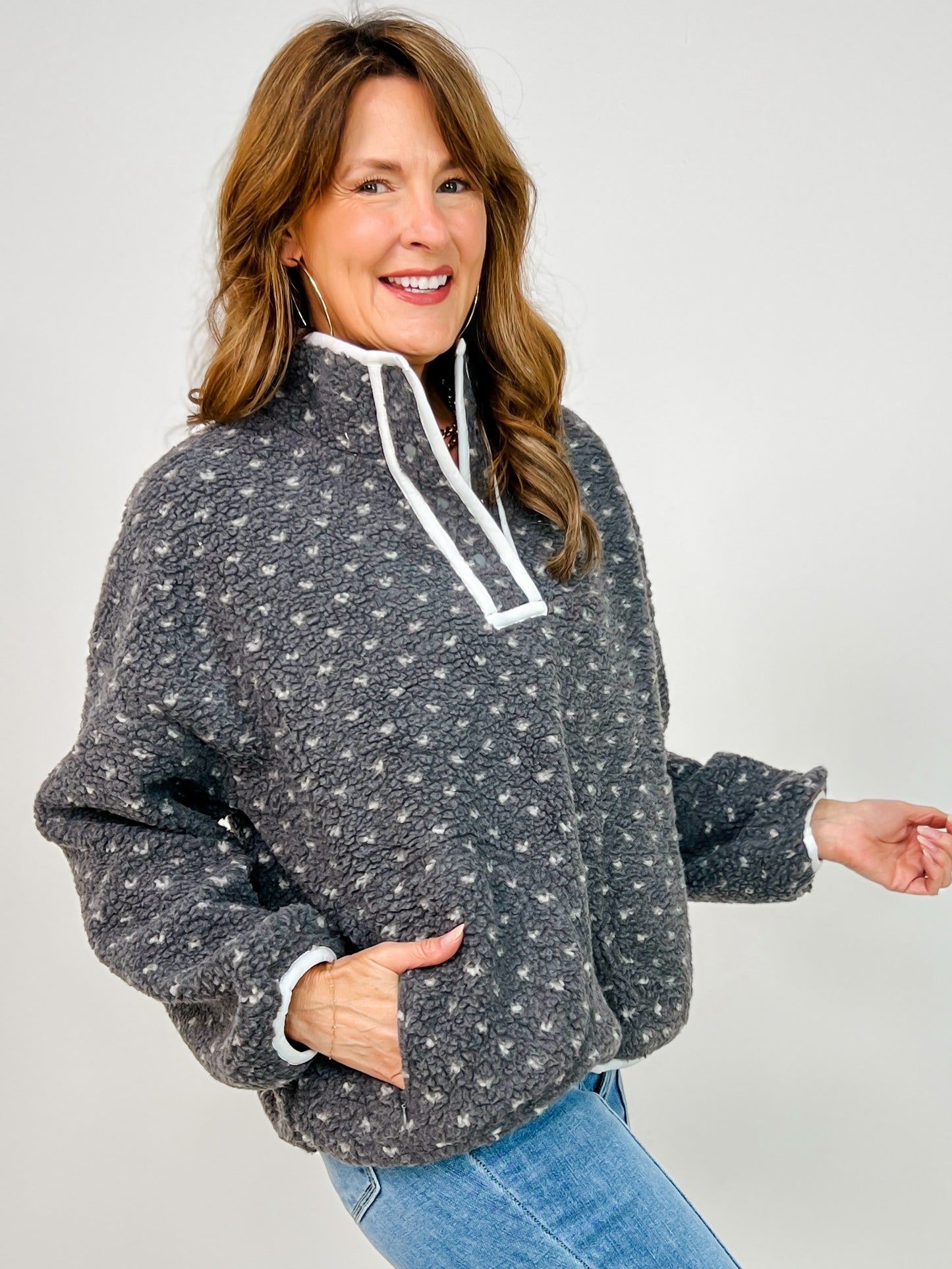 Snap Button Neckline Heart Sherpa Fleece Pullover Top