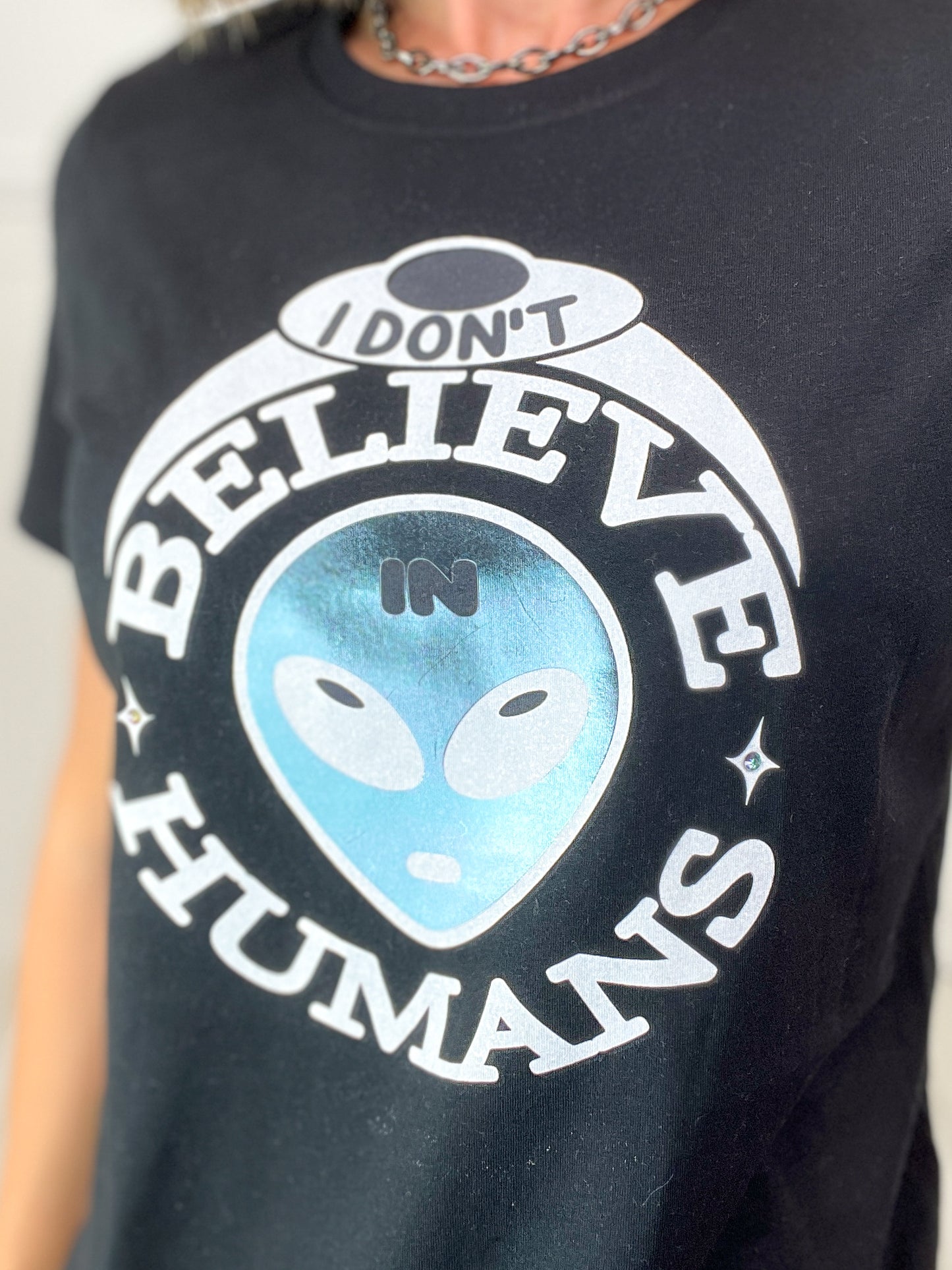 I Don't Believe in Humans Graphic Tee with Bling